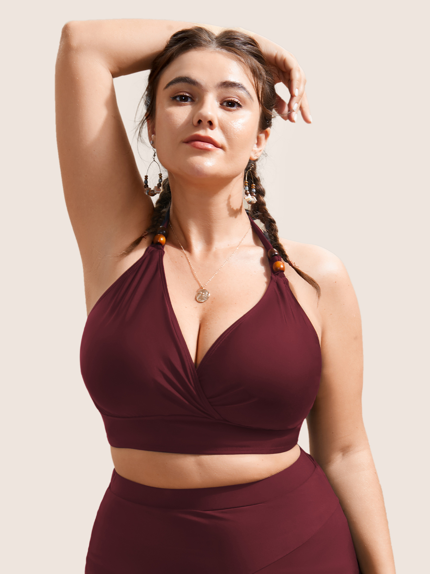 

Plus Size Plain V Neck High Stretch Tie Knot Swim Top Women's Swimwear Deepred Beach Tie knot High stretch Skinny Overlap Collar Curve Swim Tops BloomChic