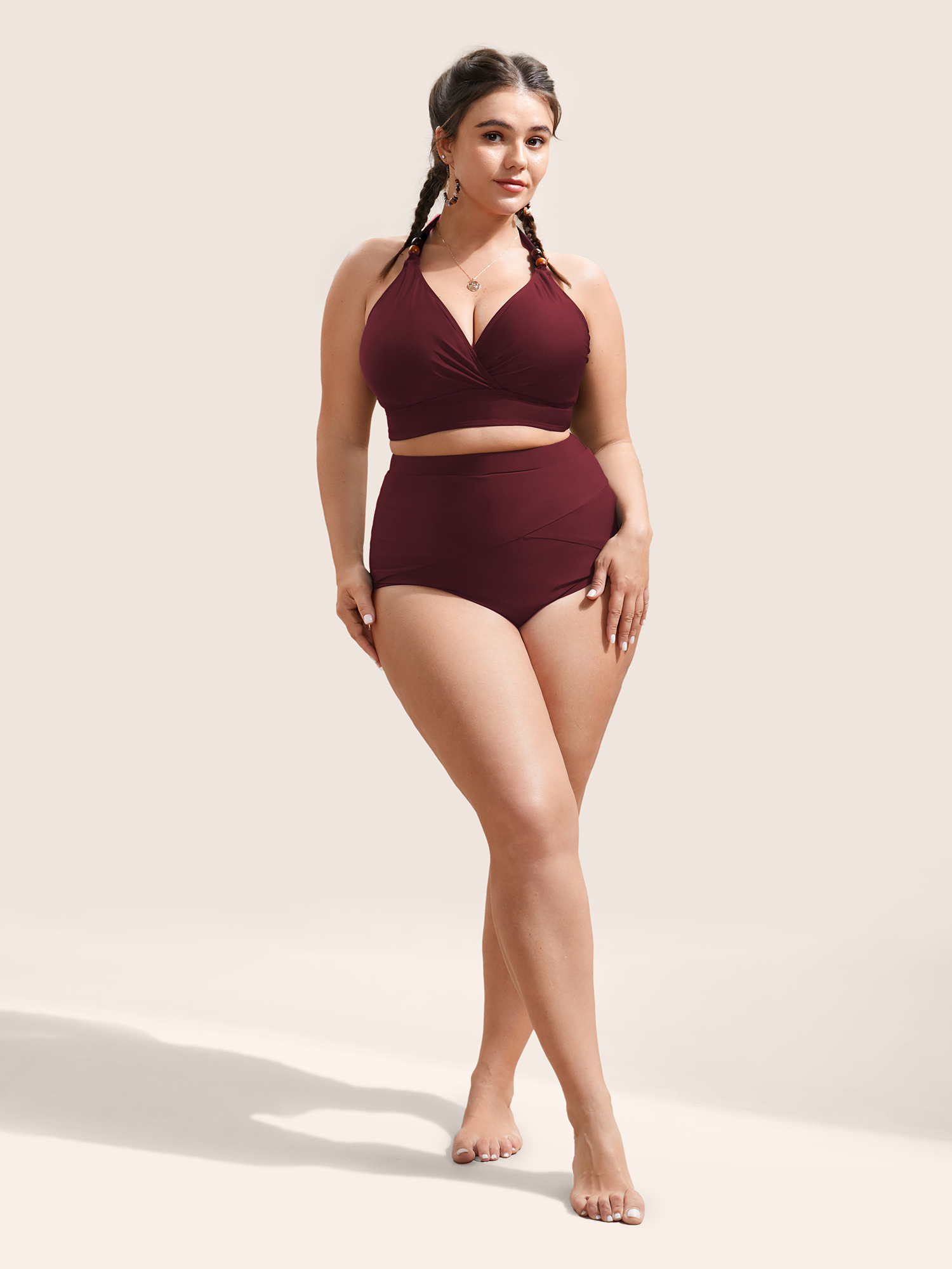 

Plus Size Plain V Neck High Stretch Tie Knot Swim Top Women's Swimwear Deepred Beach Tie knot High stretch Skinny Overlap Collar Curve Swim Tops BloomChic