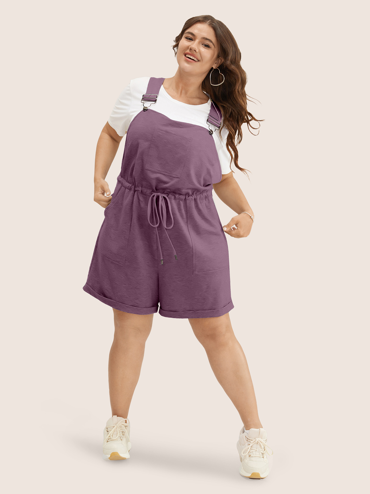 

Plus Size Mauve Solid Pocket Drawstring Overall Romper Women Casual Sleeveless Non Everyday Loose Jumpsuits BloomChic