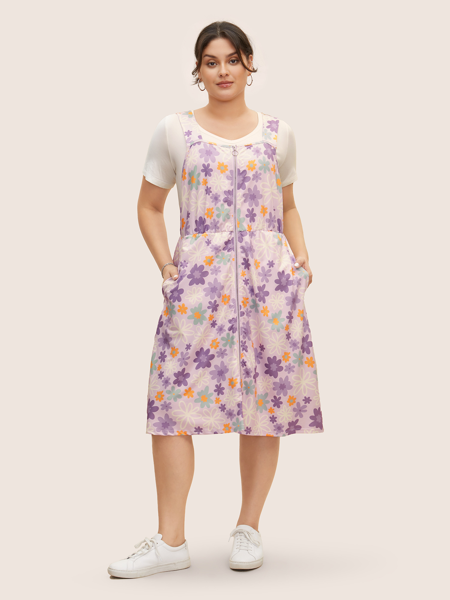 

Plus Size Contrast Floral Zipper Sleeveless Midi Dress Lilac Women Non Non Sleeveless Curvy BloomChic