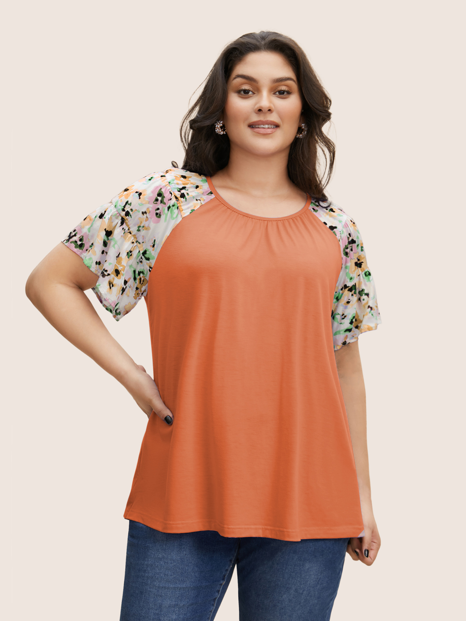 

Plus Size Crew Neck Patchwork Floral Raglan Sleeve T-shirt Coral Women Elegant Contrast Natural Flowers Round Neck Everyday T-shirts BloomChic