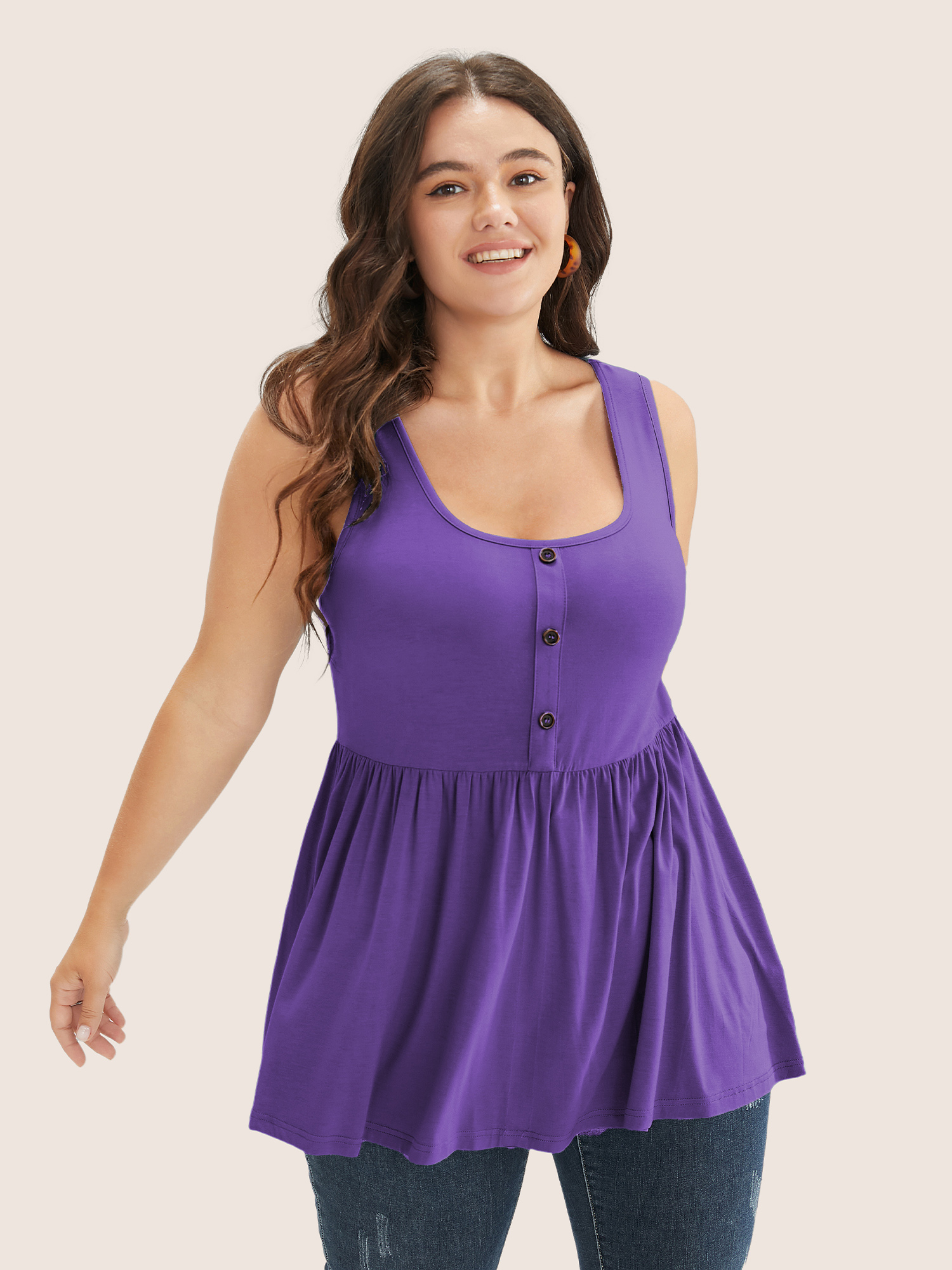 

Plus Size Solid Square Neck Button Detail Ruffle Hem Tank Top Women DarkViolet Casual Button Square Neck Everyday Tank Tops Camis BloomChic