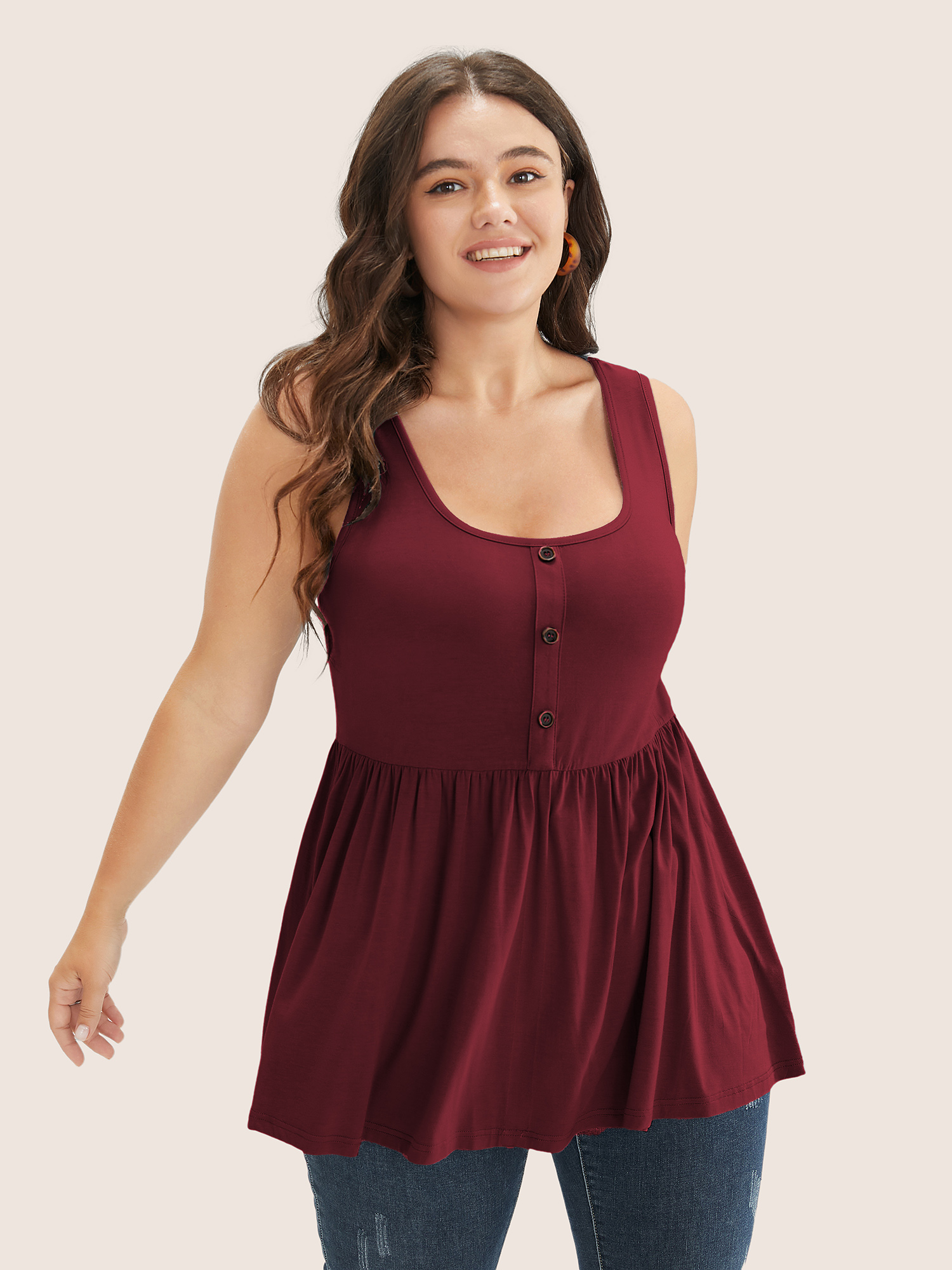 

Plus Size Solid Square Neck Button Detail Ruffle Hem Tank Top Women Burgundy Casual Button Square Neck Everyday Tank Tops Camis BloomChic