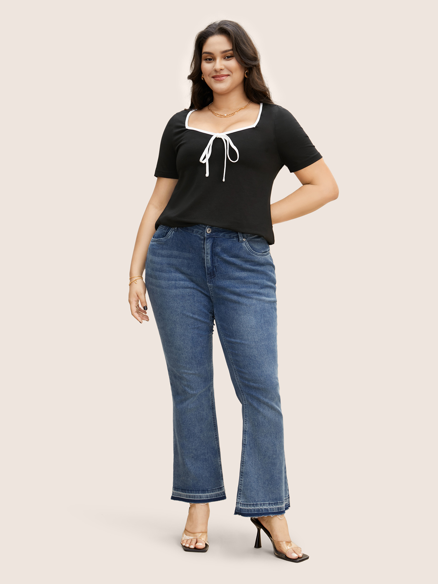 Plus Size Square Neck Contrast Trim Tie Knot T-shirt Black Women Elegant Tie knot Square Neck Bodycon Everyday T-shirts BloomChic 28/5X 