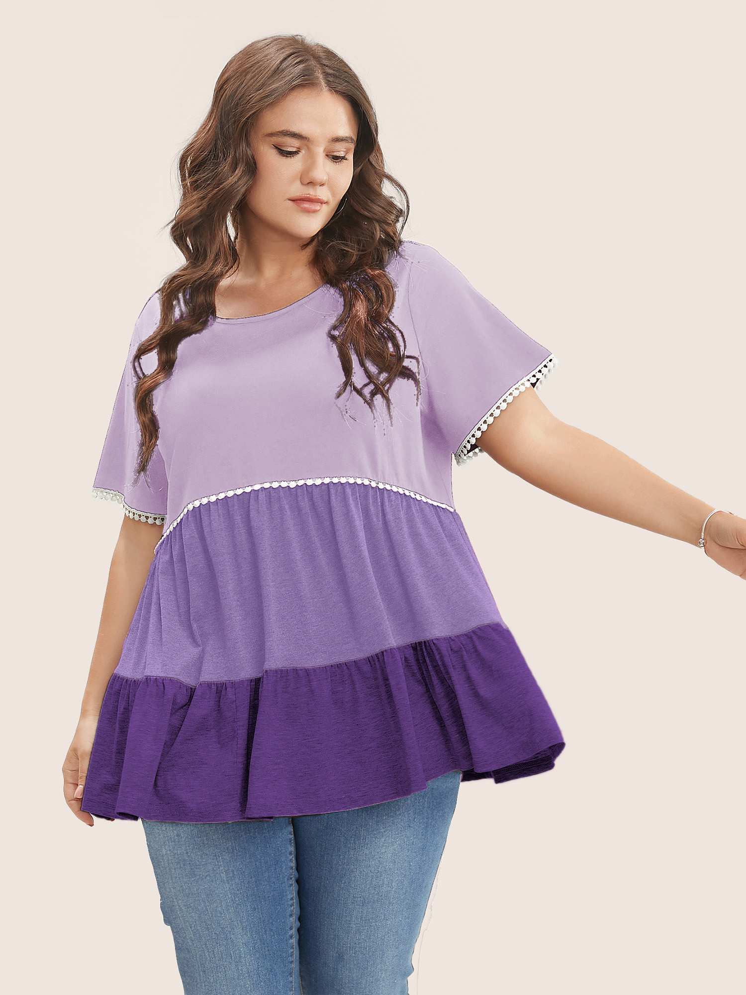 

Plus Size Colorblock Contrast Ruffle Tiered T-shirt Lilac Women Casual Tiered Colorblock Round Neck Everyday T-shirts BloomChic