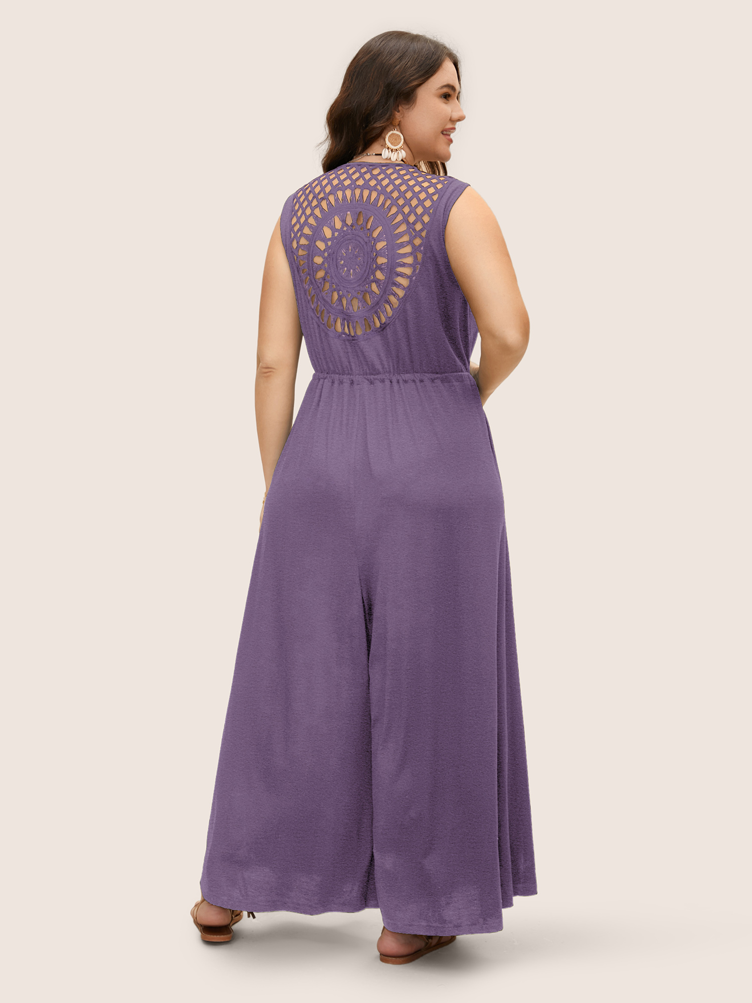 

Plus Size Mauve V Neck Crocheted Cut Out Jumpsuit Women Resort Sleeveless V-neck Vacation Loose Jumpsuits BloomChic