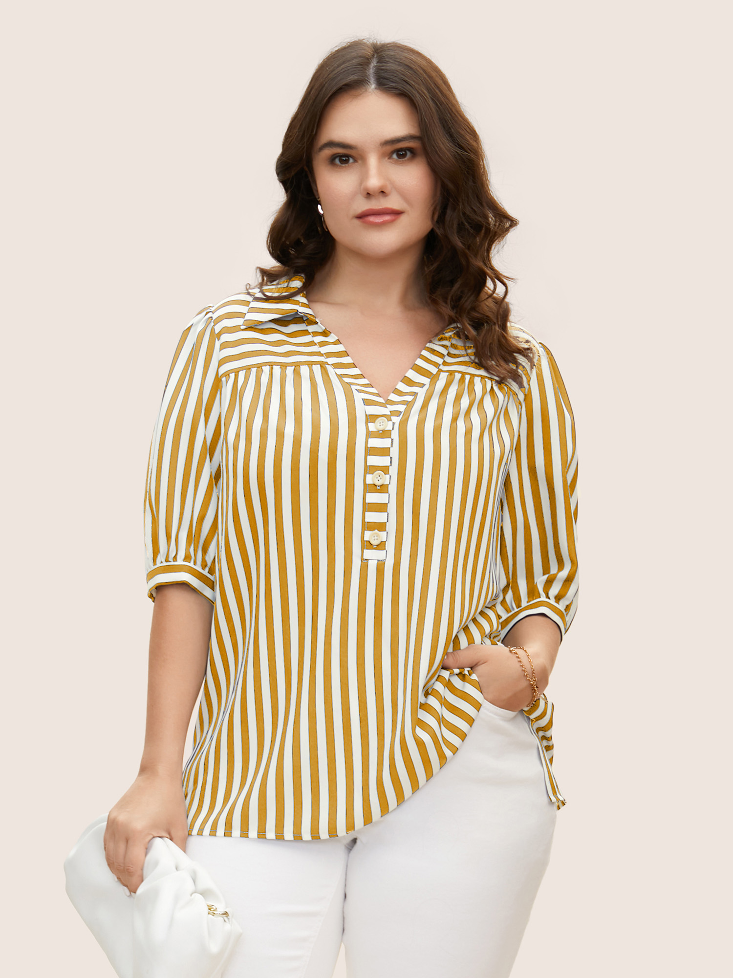 

Plus Size Mustardyellow Striped Notched Collar Lantern Sleeve Blouse Women Workwear Essentials Short sleeve Notched collar Work Blouses BloomChic