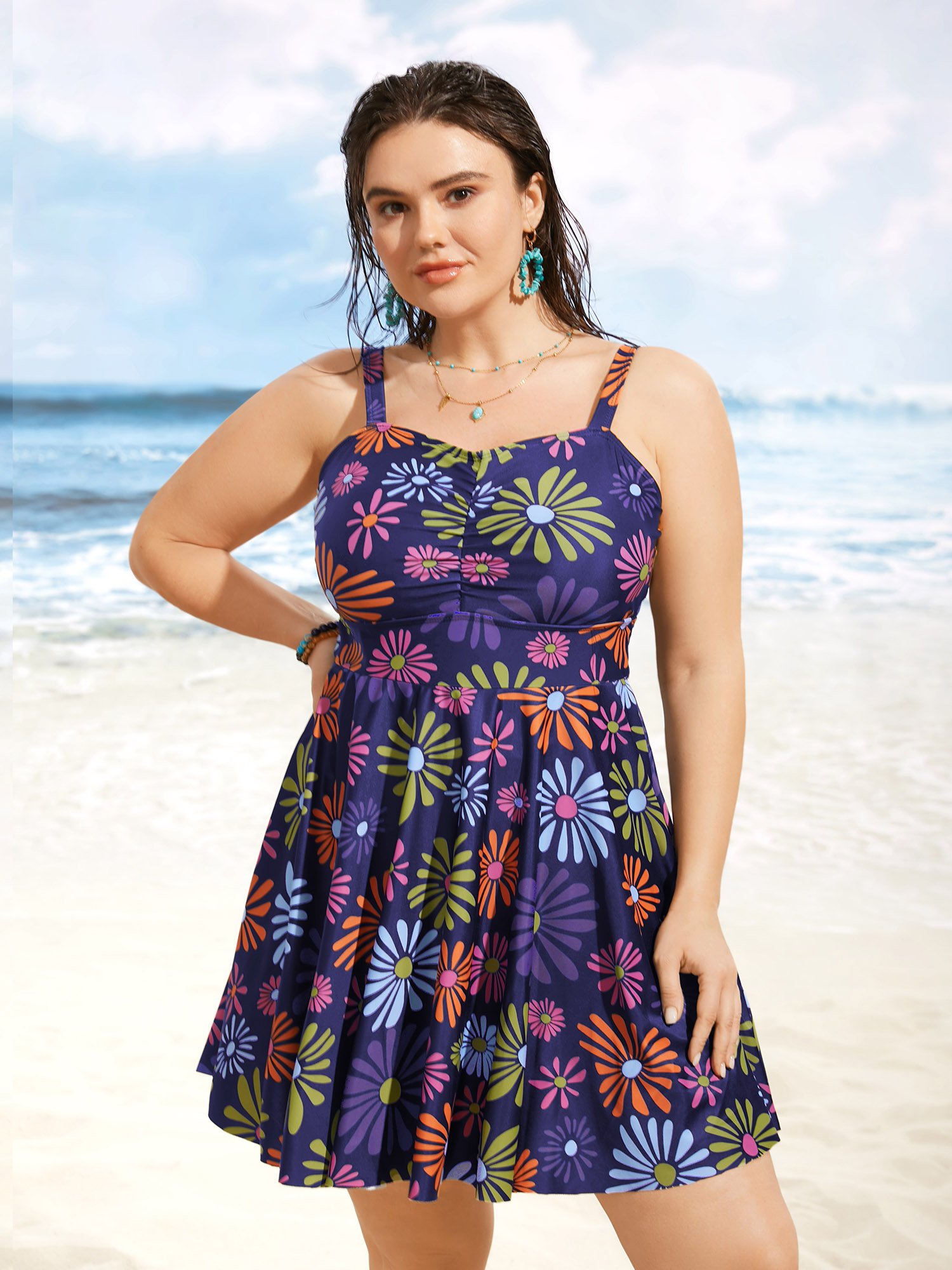 

Plus Size Floral Heart Neckline Ruched Swim Dress Women's Swimwear Indigo Beach Bodycon Heart neckline High stretch Curve Swim Dresses BloomChic