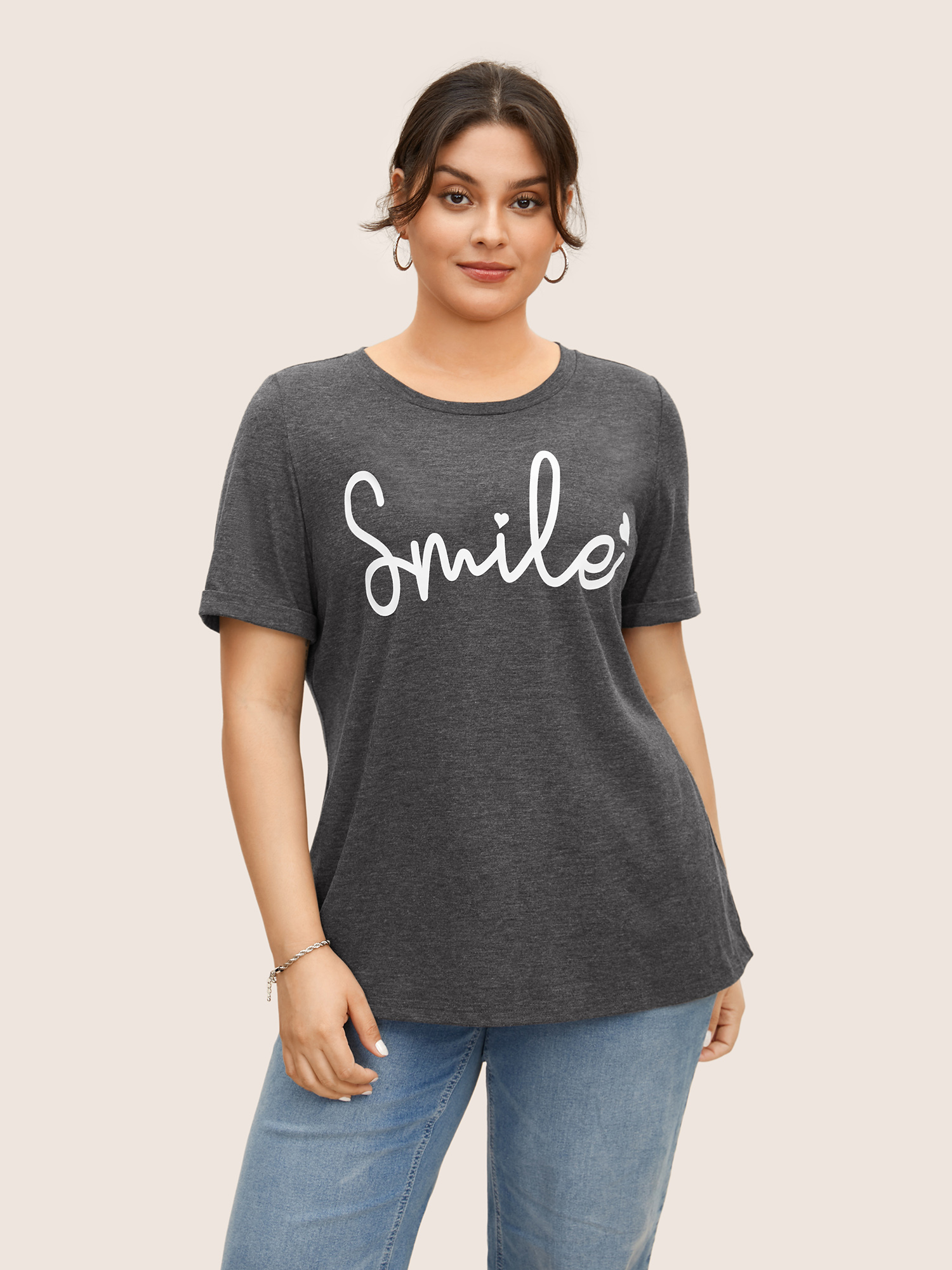 

Plus Size Letter Print Round Neck T-shirt DimGray Women Casual Contrast Round Neck Everyday T-shirts BloomChic