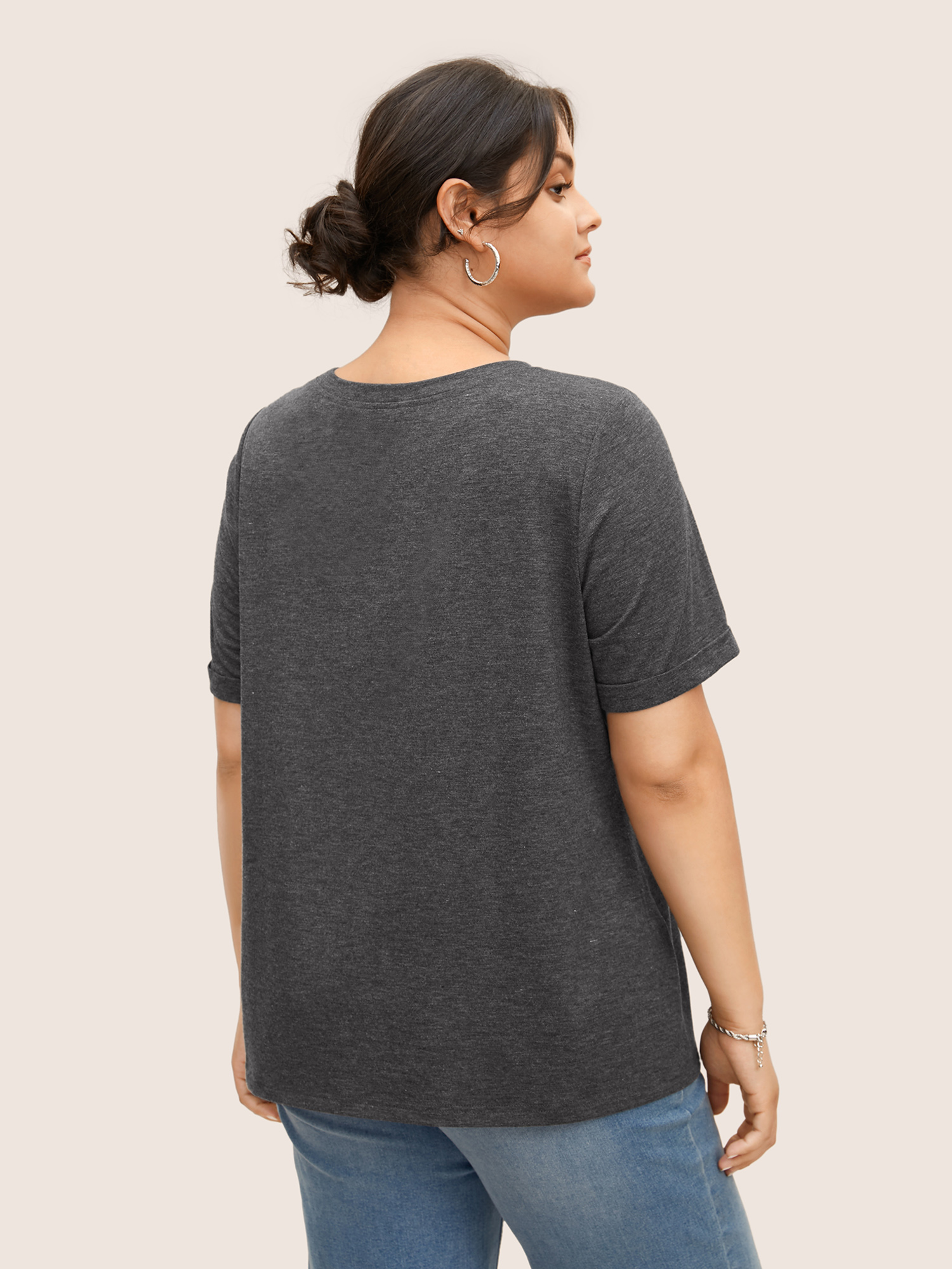 Plus Size Letter Print Round Neck T-shirt DimGray Women Casual Contrast Round Neck Everyday T-shirts BloomChic 18-20/2X 