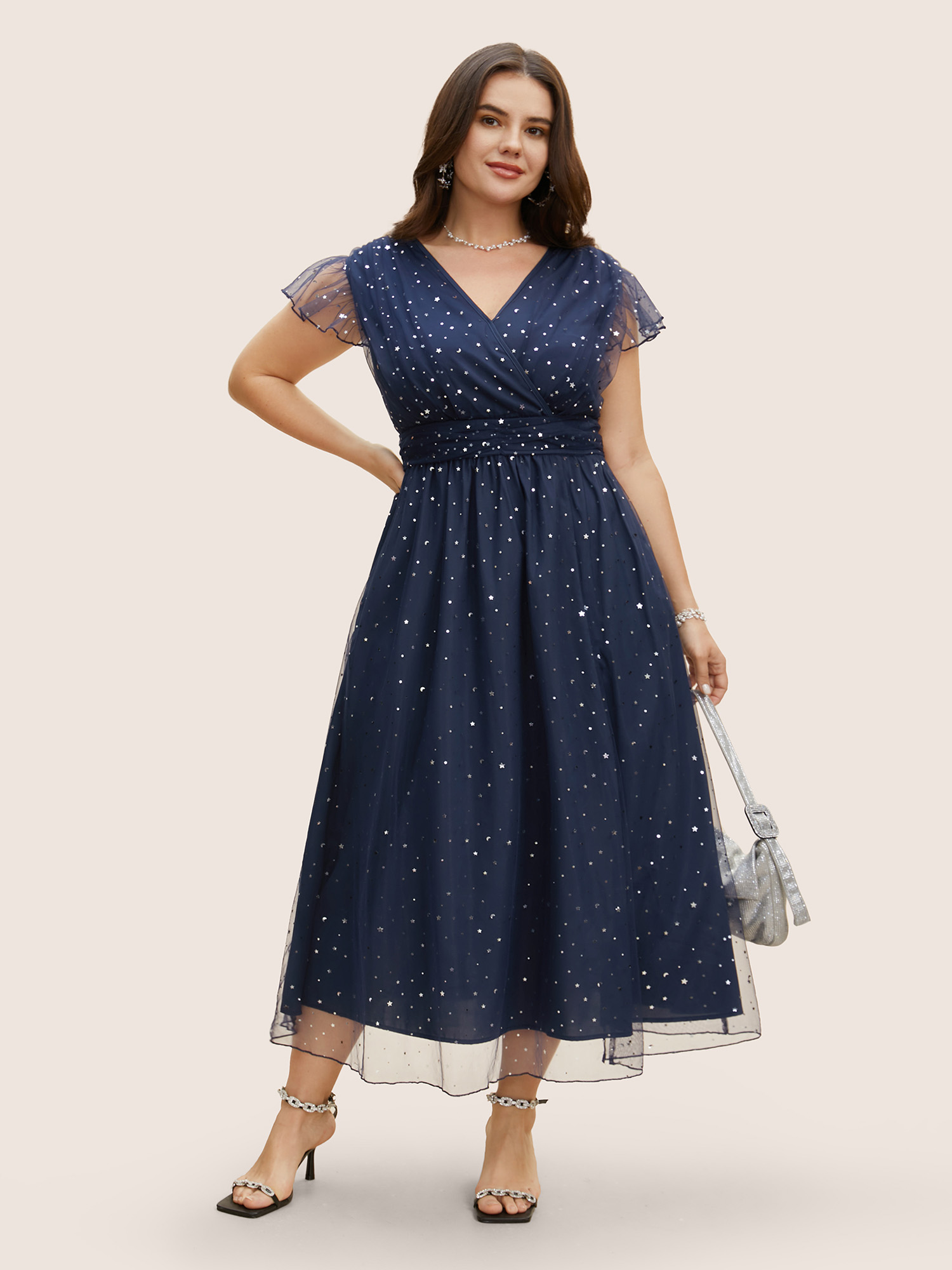 

Plus Size Sequin Mesh V Neck Ruffle Cap Sleeve Dress Indigo Women Formal Texture V-neck Cap Sleeve Curvy BloomChic