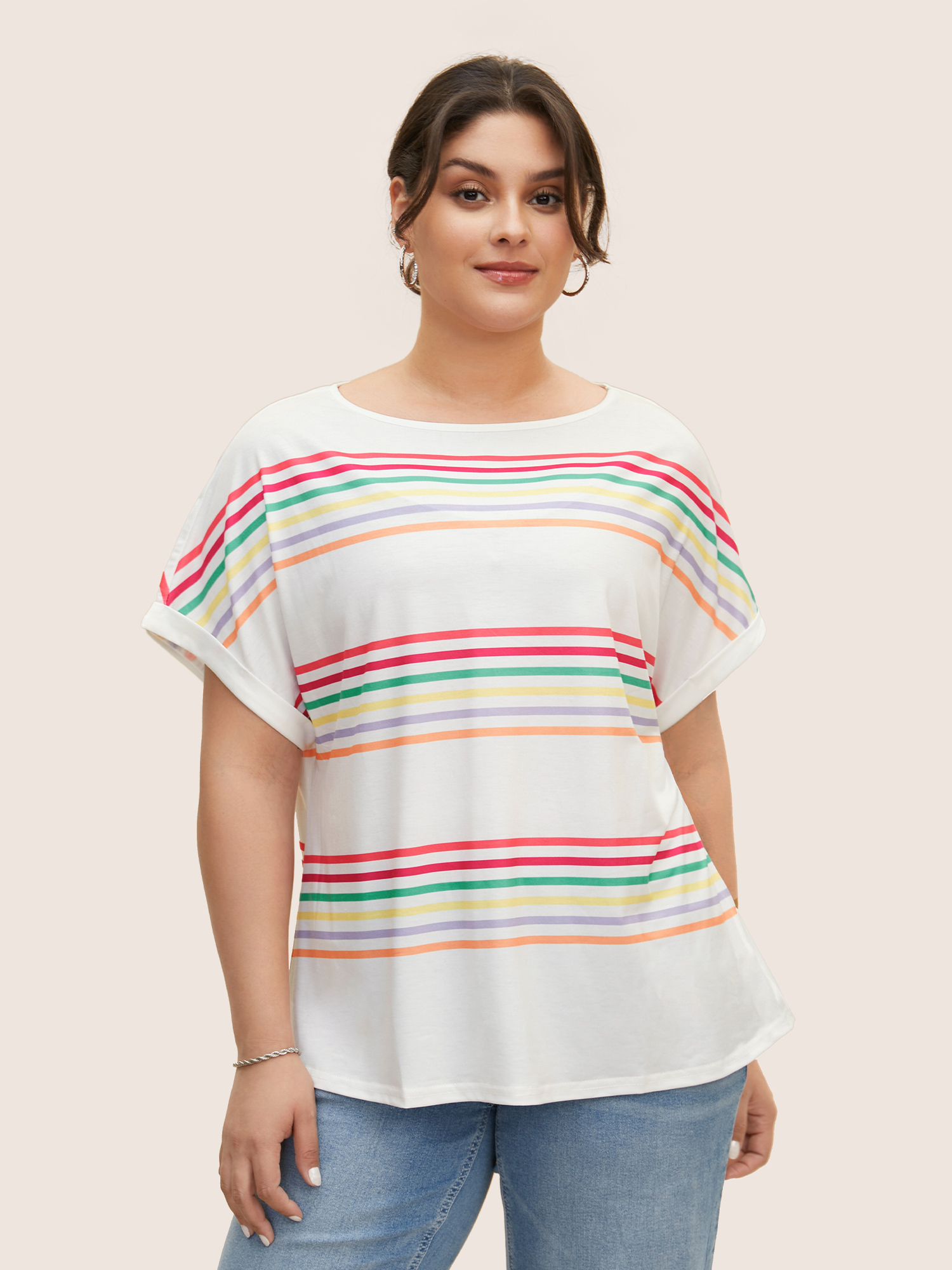 

Plus Size Colored Striped Boat Neck Batwing Sleeve T-shirt Multicolor Women Casual Contrast Boat Neck Everyday T-shirts BloomChic