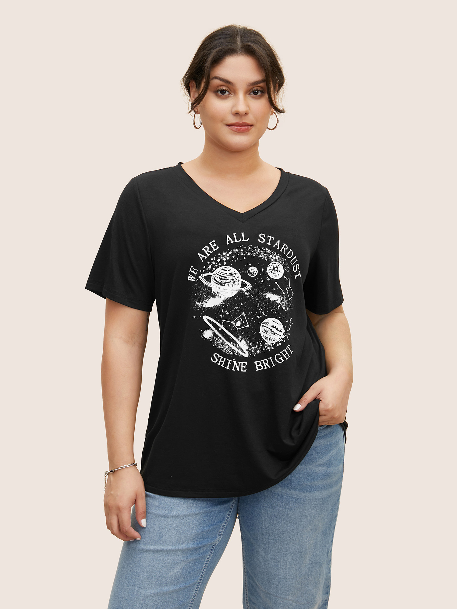 

Plus Size Moon and Star Print V Neck T-shirt Black Women Casual Non Star and moon V-neck Everyday T-shirts BloomChic