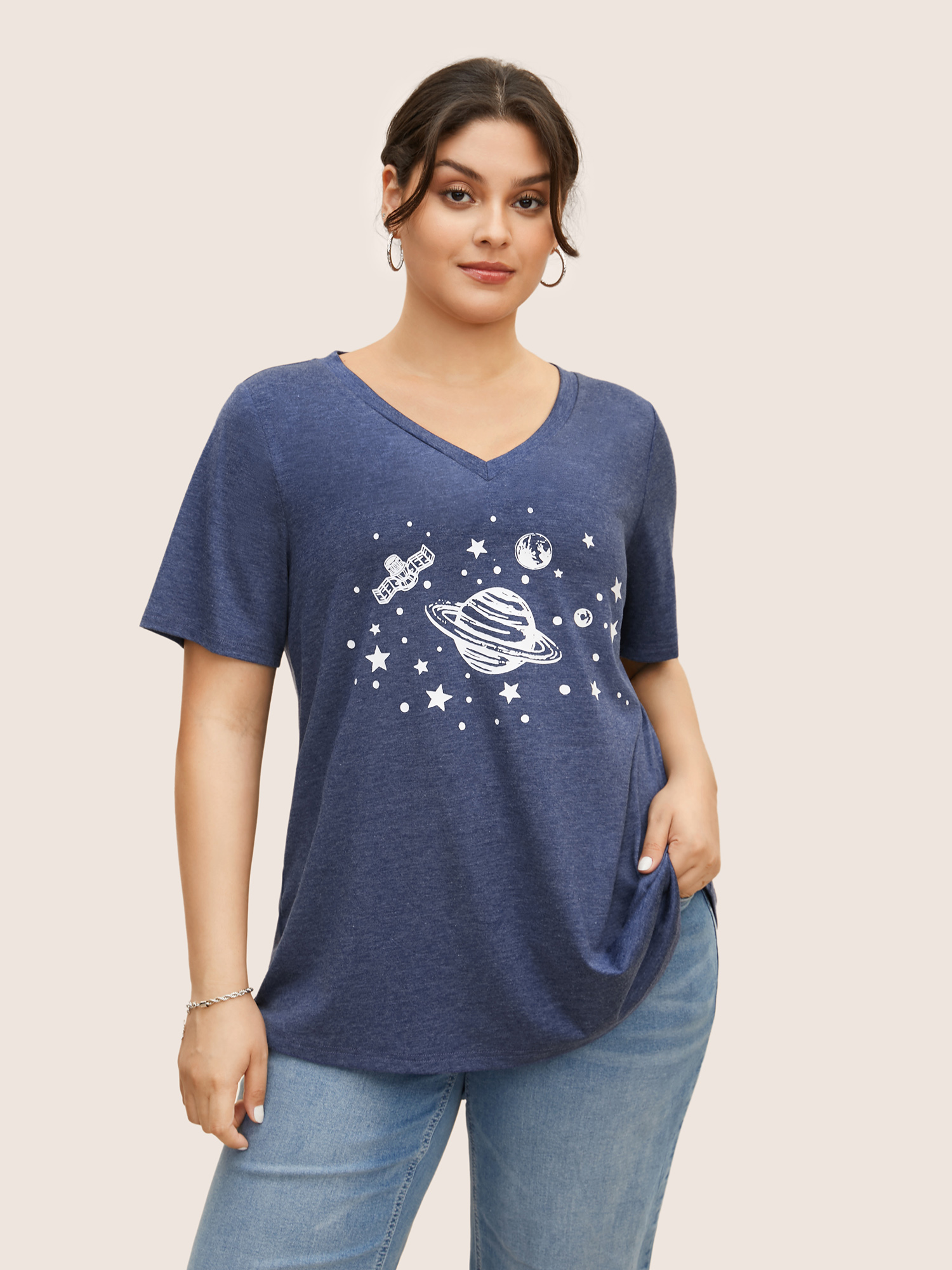 

Plus Size Moon and Star Print V Neck T-shirt Indigo Women Casual Non Star and moon V-neck Everyday T-shirts BloomChic