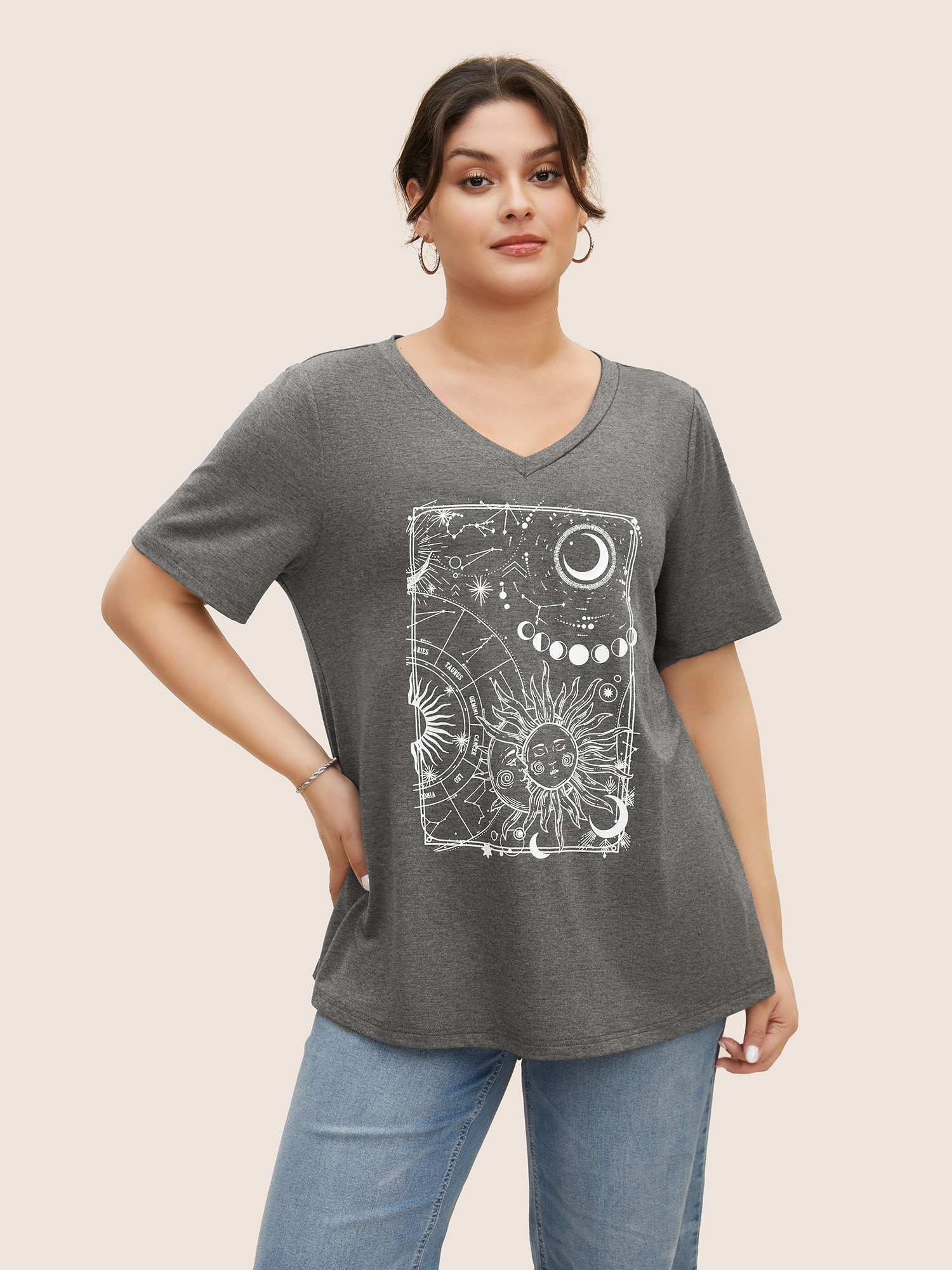 

Plus Size Moon and Star Print V Neck T-shirt DarkGray Women Casual Non Star and moon V-neck Everyday T-shirts BloomChic