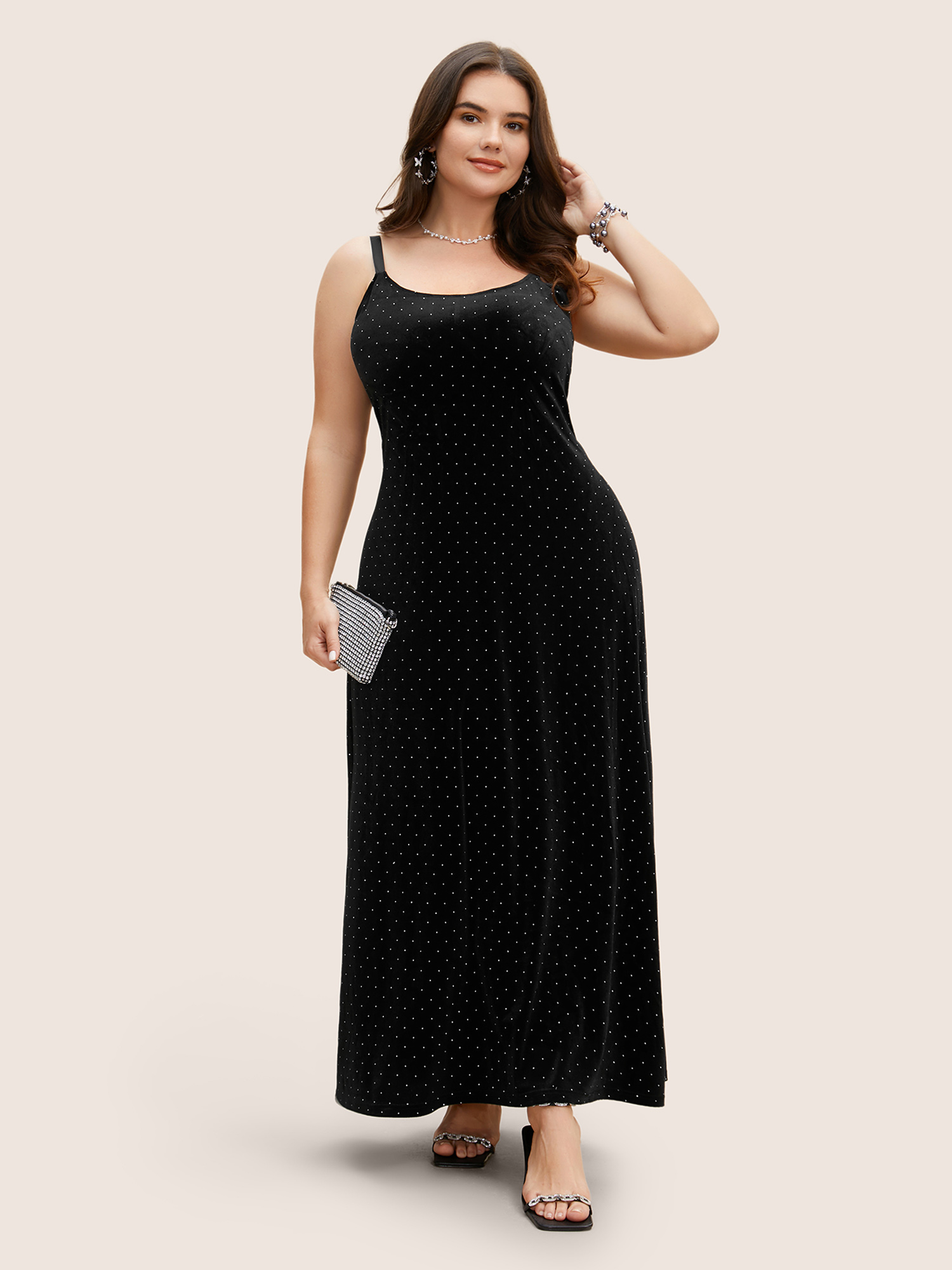 

Plus Size U Neck Glitter Adjustable Straps Maxi Dress Black Women Rhinestone detailing U-neck Sleeveless Curvy BloomChic