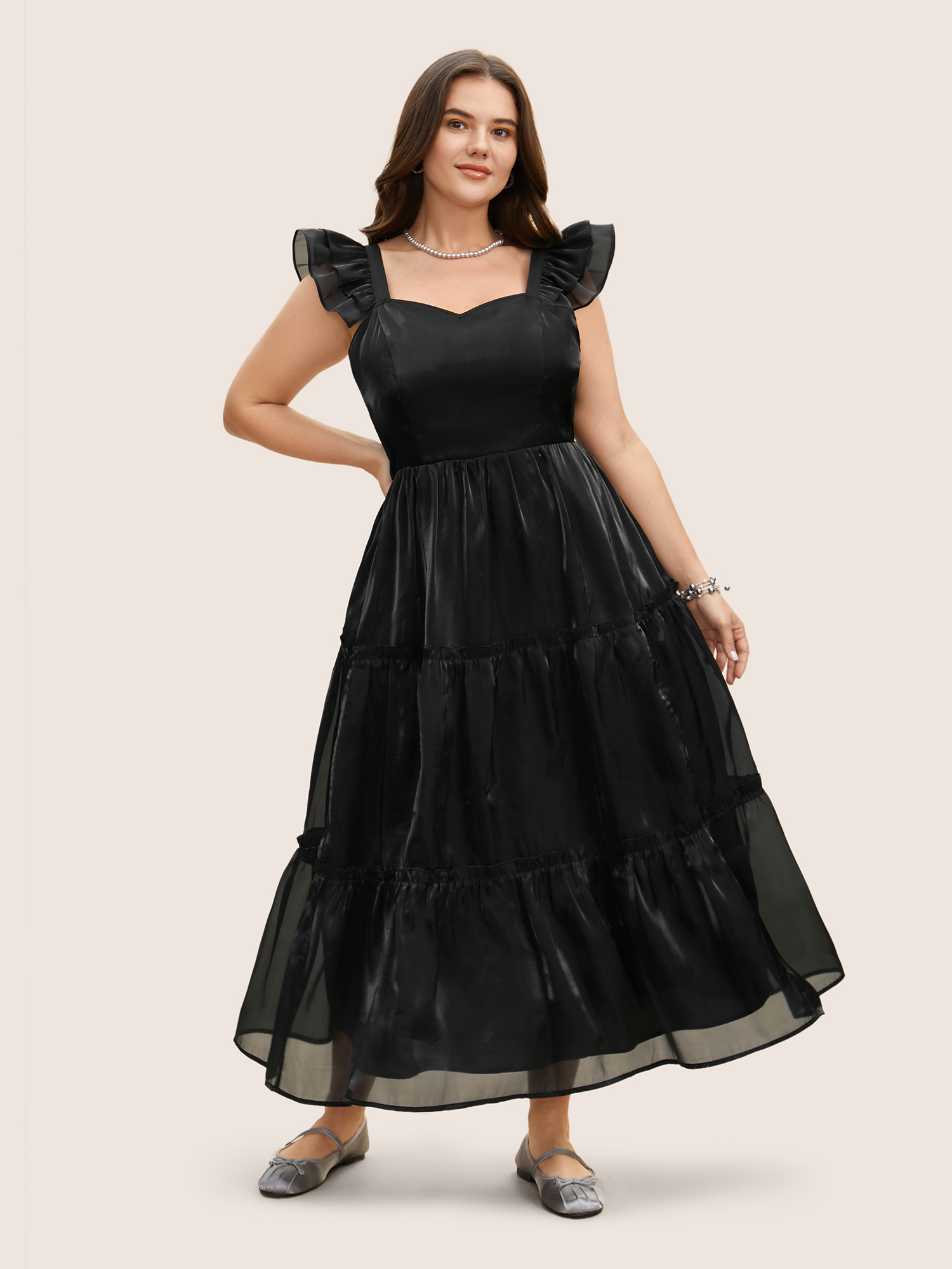 

Plus Size Organza Heart Neckline Ruffle Trim Maxi Dress Black Women See through Non Cap Sleeve Curvy BloomChic