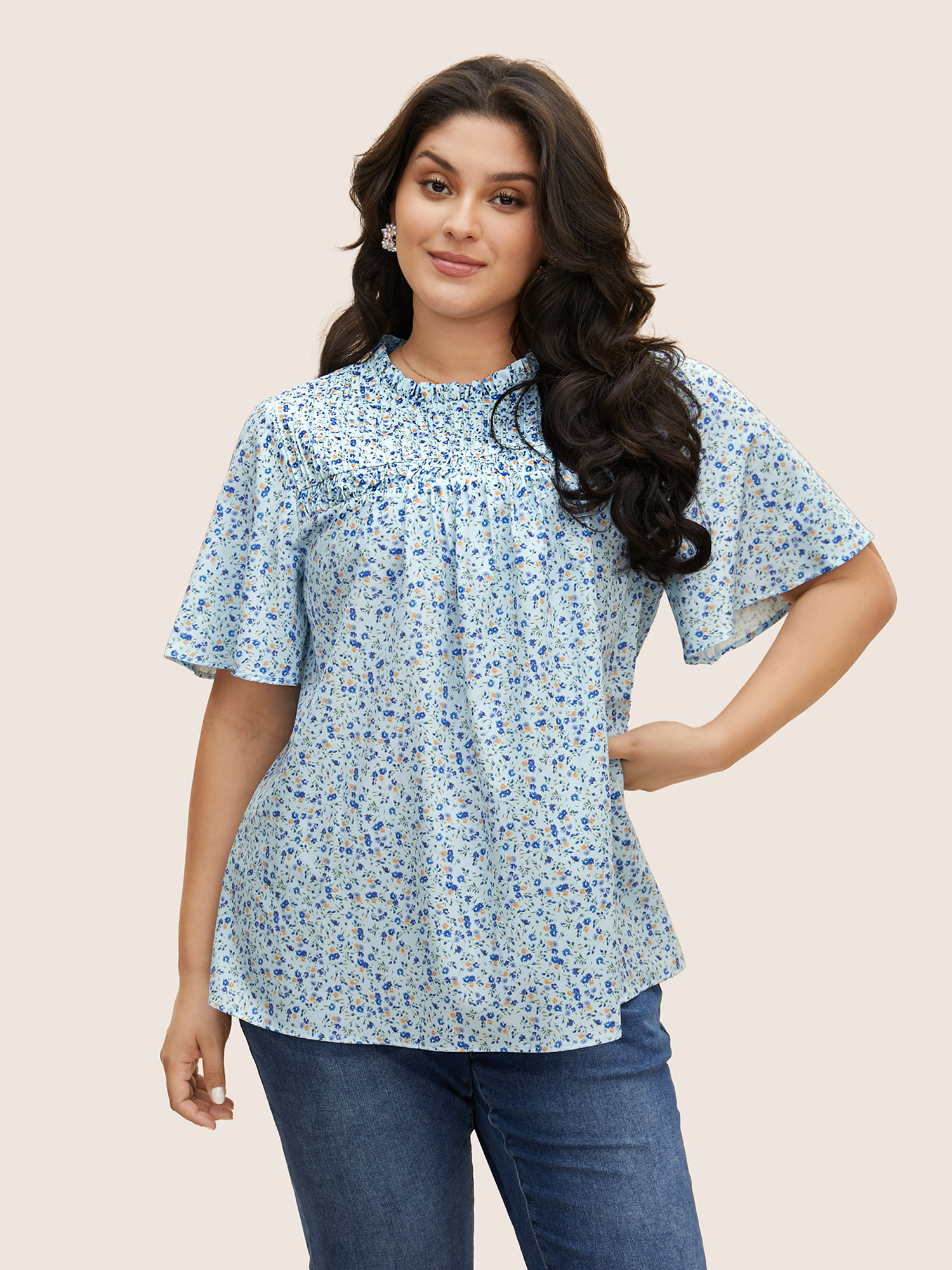 

Plus Size Azure Ditsy Floral Plicated Detail Frill Trim Blouse Women Elegant Short sleeve Round Neck Everyday Blouses BloomChic