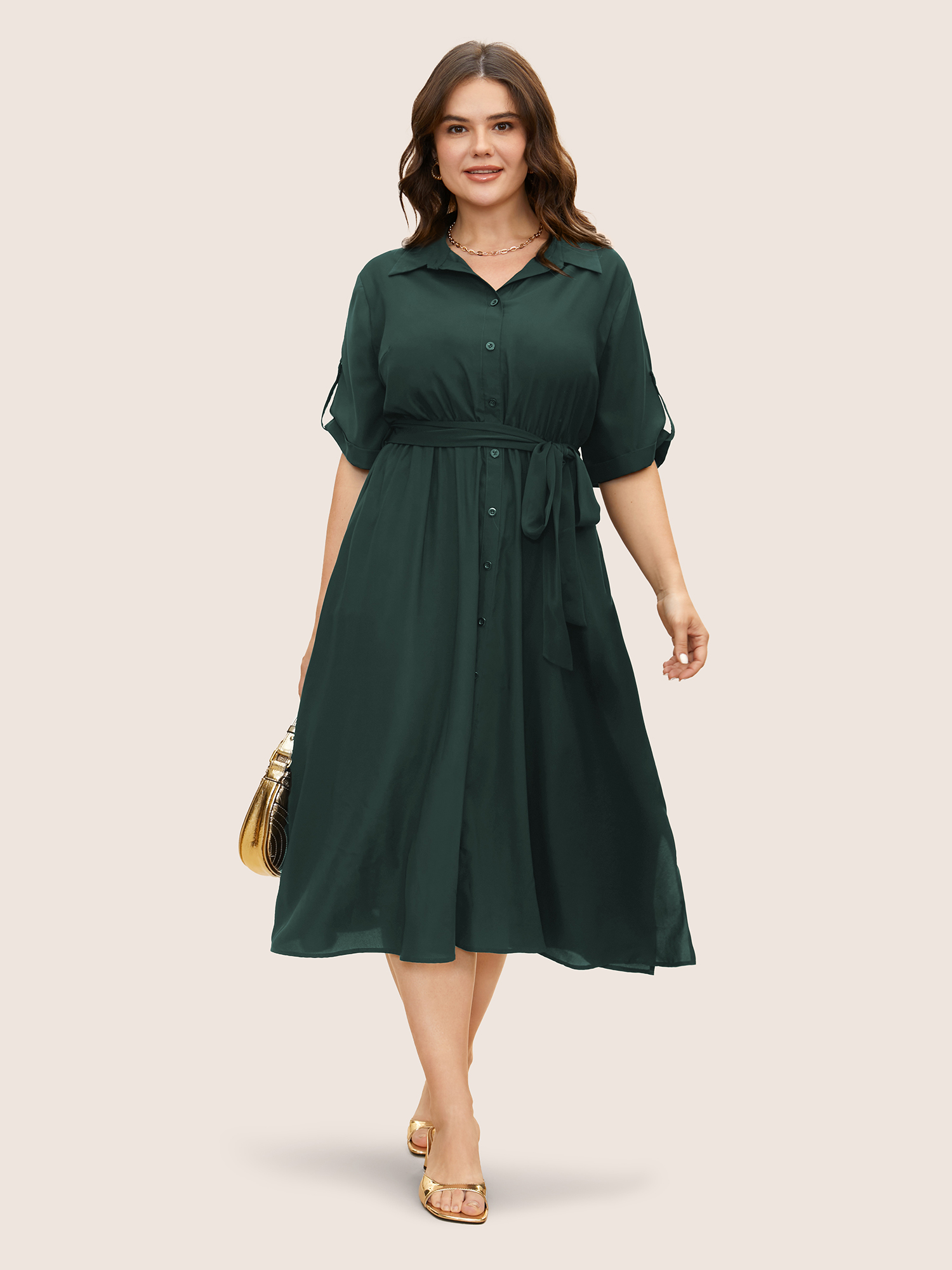 

Plus Size Shirt Collar Tab Sleeve Split Hem Dress Cyan Women At the Office Belted Shirt collar Half Sleeve Curvy BloomChic