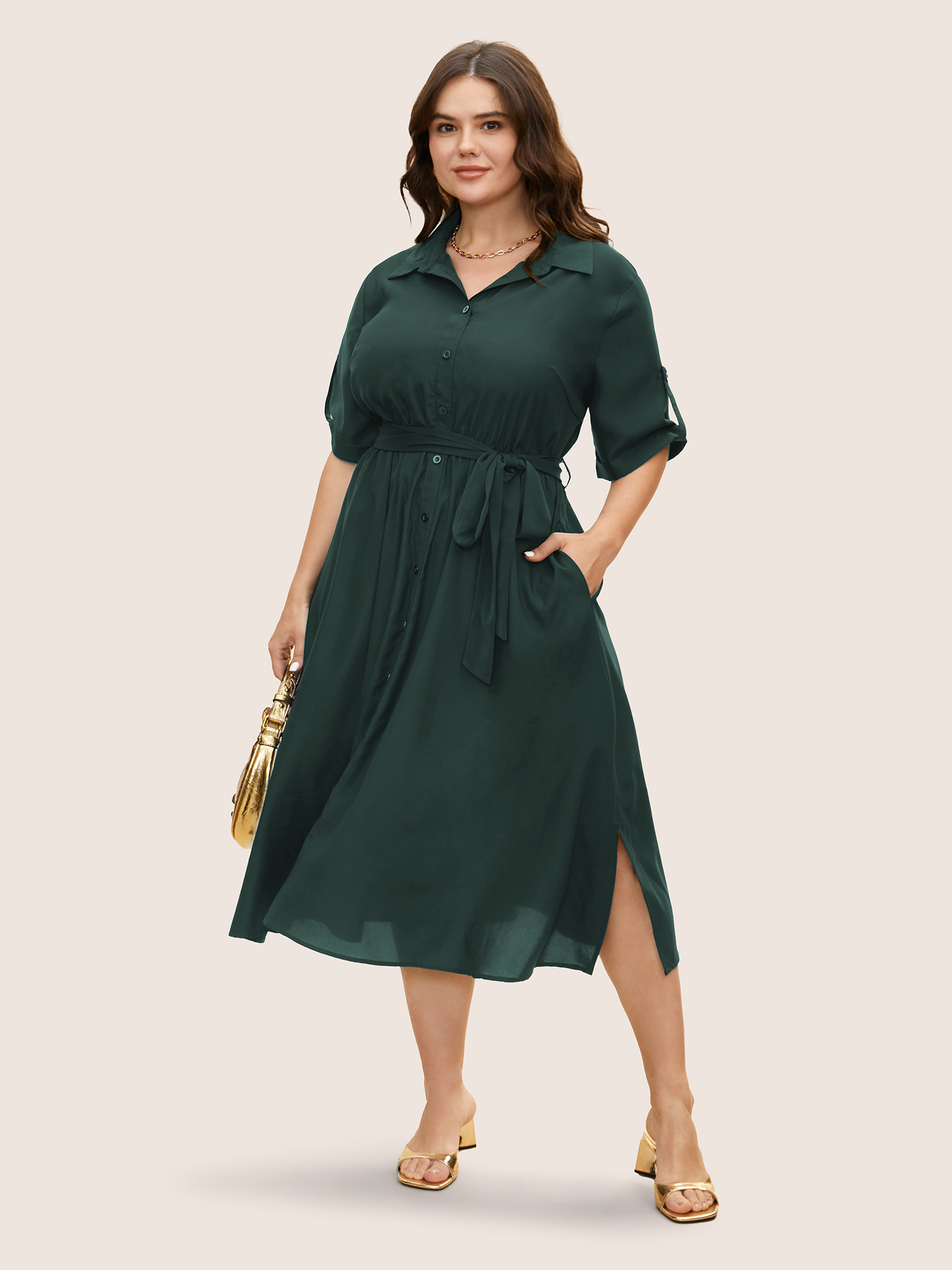 

Plus Size Shirt Collar Tab Sleeve Split Hem Dress Cyan Women At the Office Belted Shirt collar Half Sleeve Curvy BloomChic