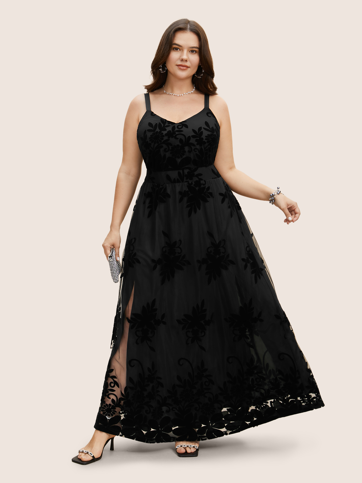 

Plus Size Floral Mesh Patchwork Split Hem Dress Black Women Texture V-neck Sleeveless Curvy BloomChic