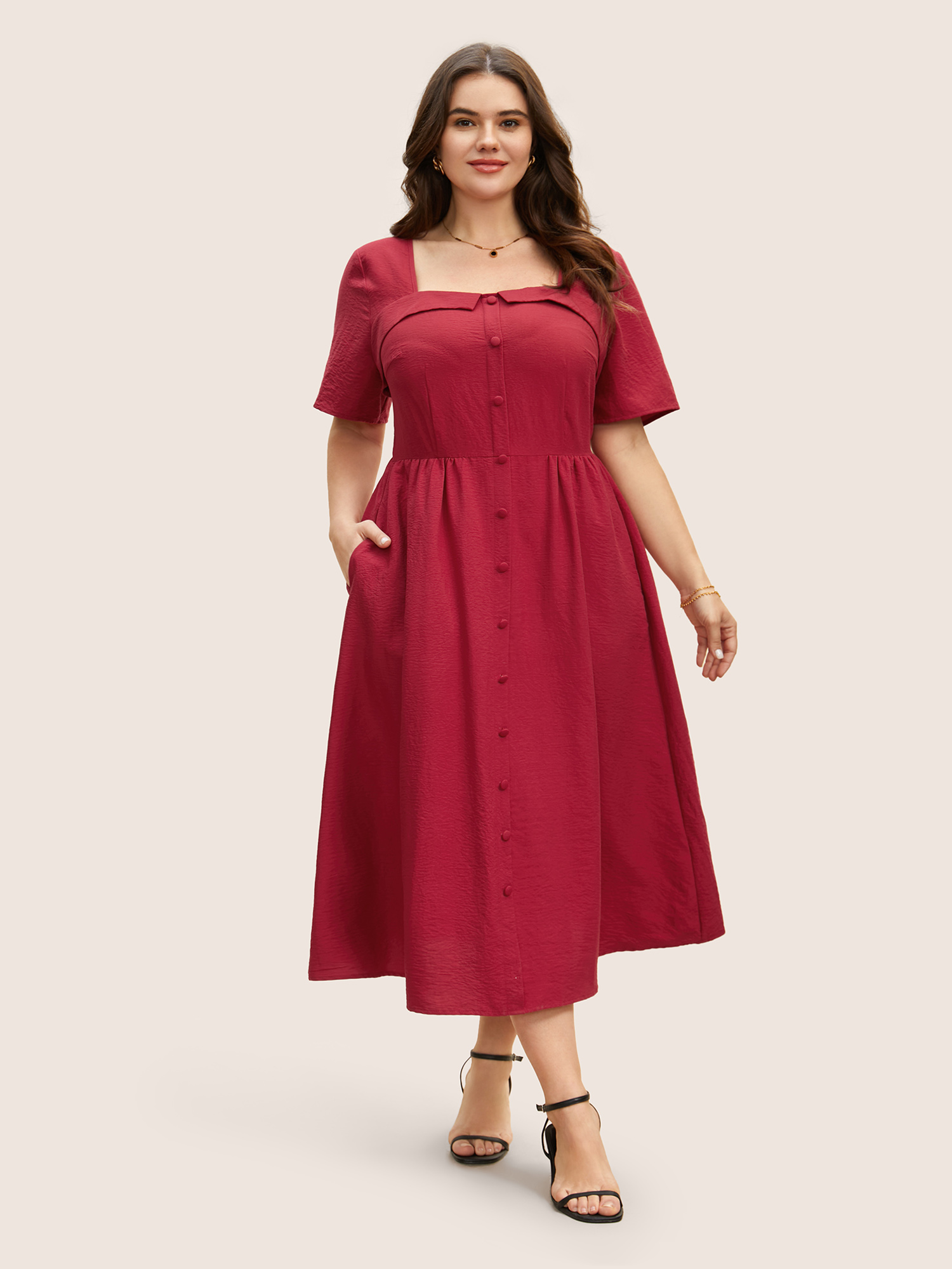 

Plus Size Solid Square Neck Button Detail Midi Dress Scarlet Women Gathered Square Neck Short sleeve Curvy BloomChic