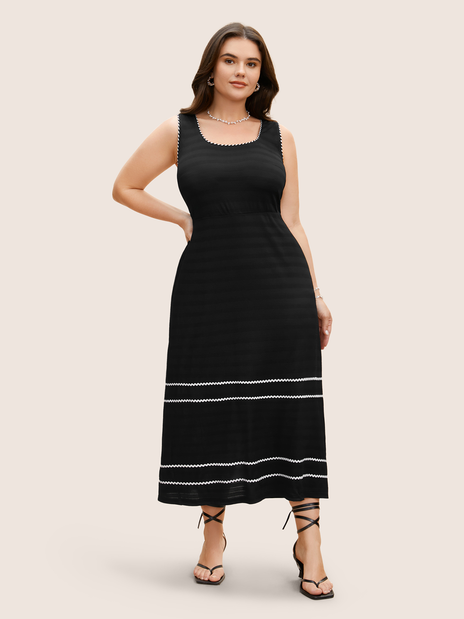 

Plus Size Square Neck Contrast Webbing Split Hem Dress Black Women Woven ribbon&lace trim Square Neck Sleeveless Curvy BloomChic