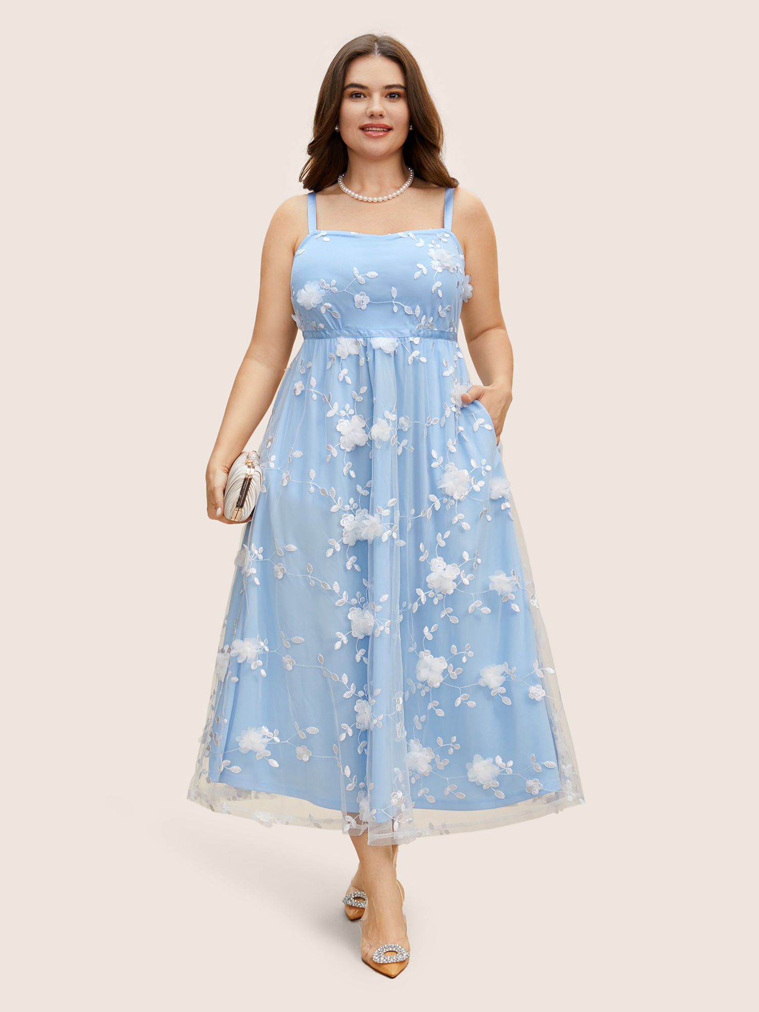 

Plus Size Mesh Floral Embroidered Woven Ribbon Cami Dress LightBlue Women Formal Woven ribbon&lace trim Square Neck Sleeveless Curvy BloomChic