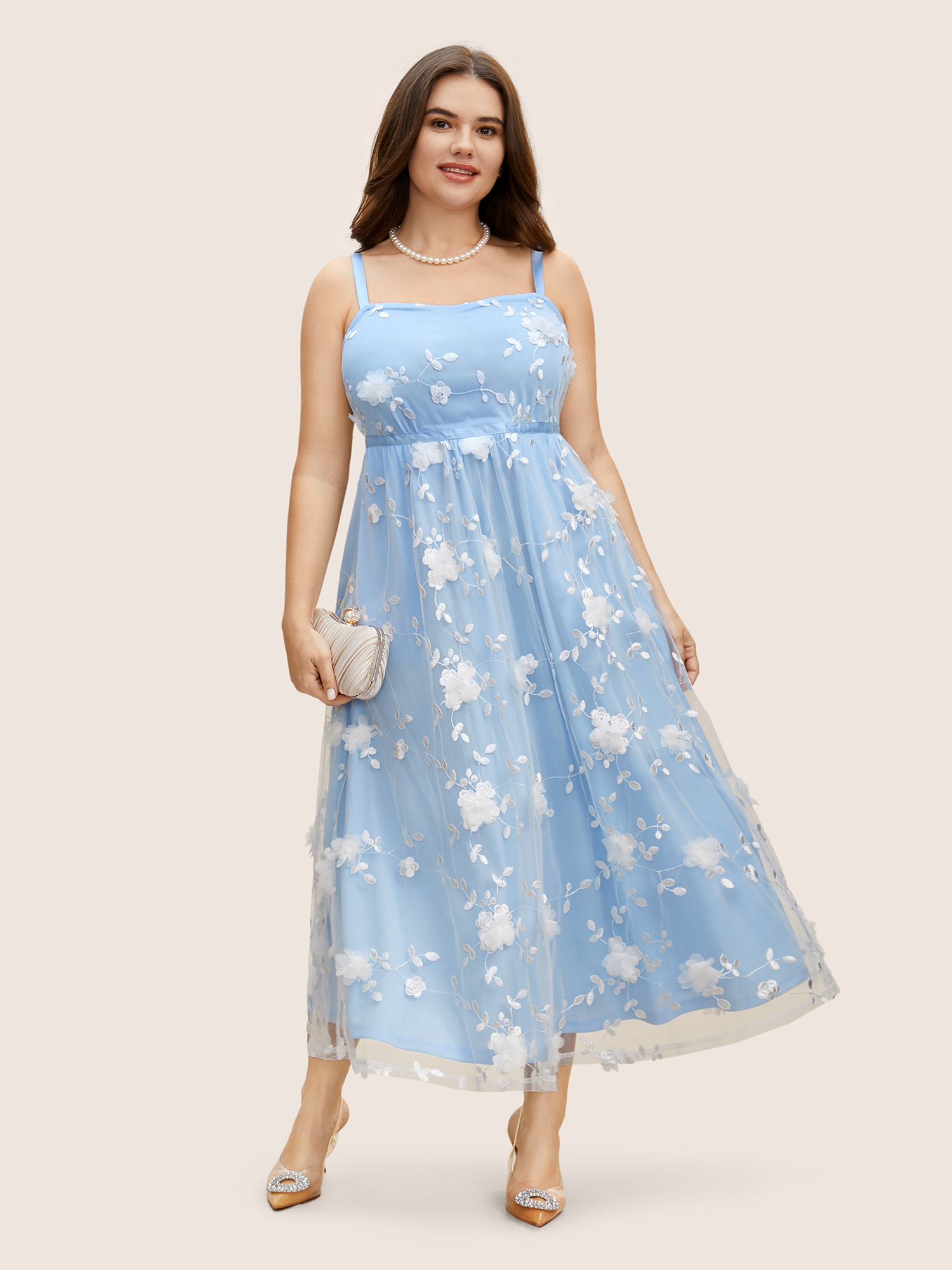 

Plus Size Mesh Floral Embroidered Woven Ribbon Cami Dress LightBlue Women Formal Woven ribbon&lace trim Square Neck Sleeveless Curvy BloomChic