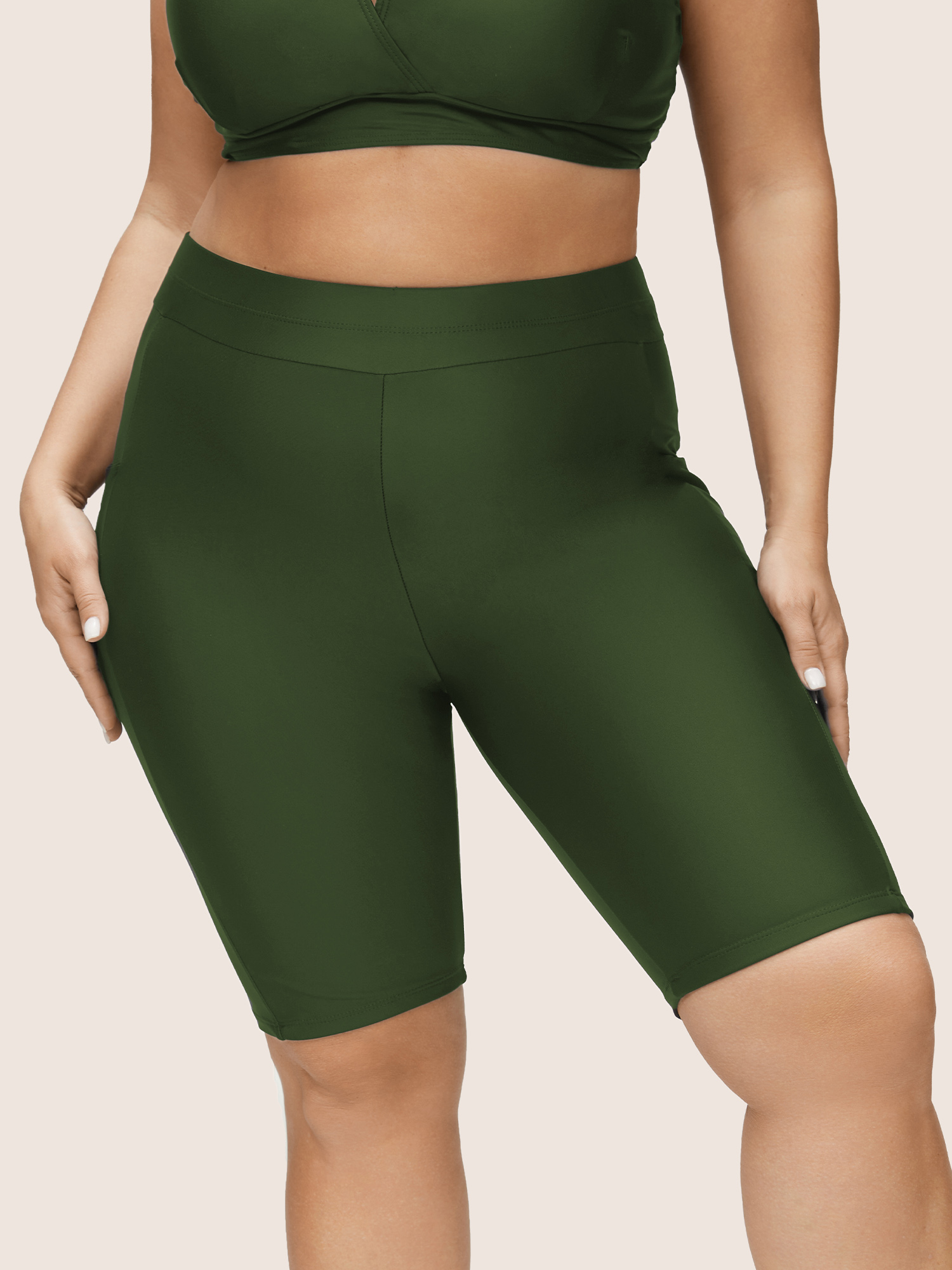 

Plus Size Plain Pocket Side Very Stretchy Skinny Swim Bottom Women's Swimwear ArmyGreen Beach Non High stretch Skinny High Rise Slanted pocket Curve Swim Bottoms BloomChic