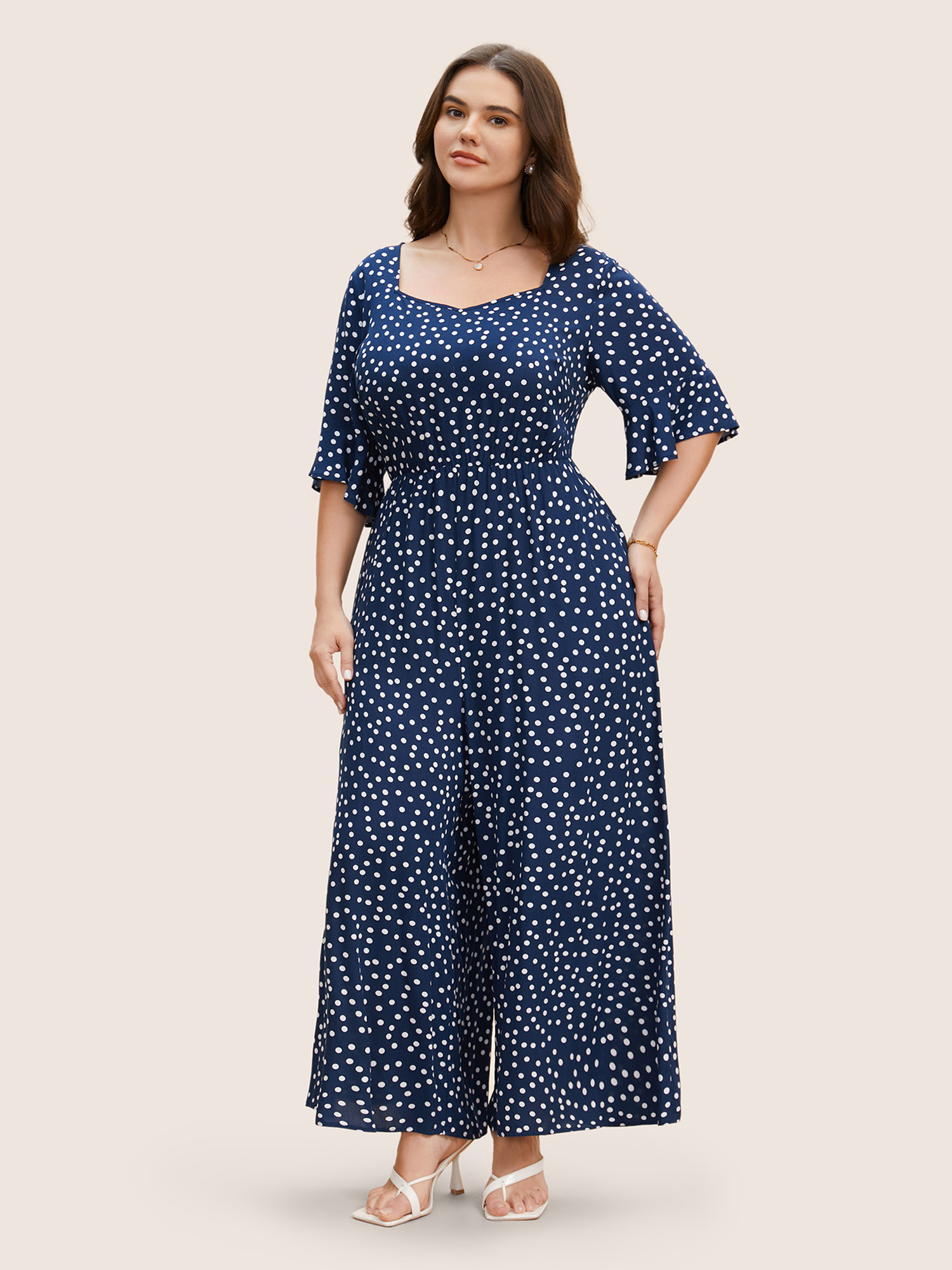 

Plus Size Navy Rayon Heart Neckline Polka Dot Ruffles Jumpsuit Women Elegant Elbow-length sleeve Heart neckline Everyday Loose Jumpsuits BloomChic