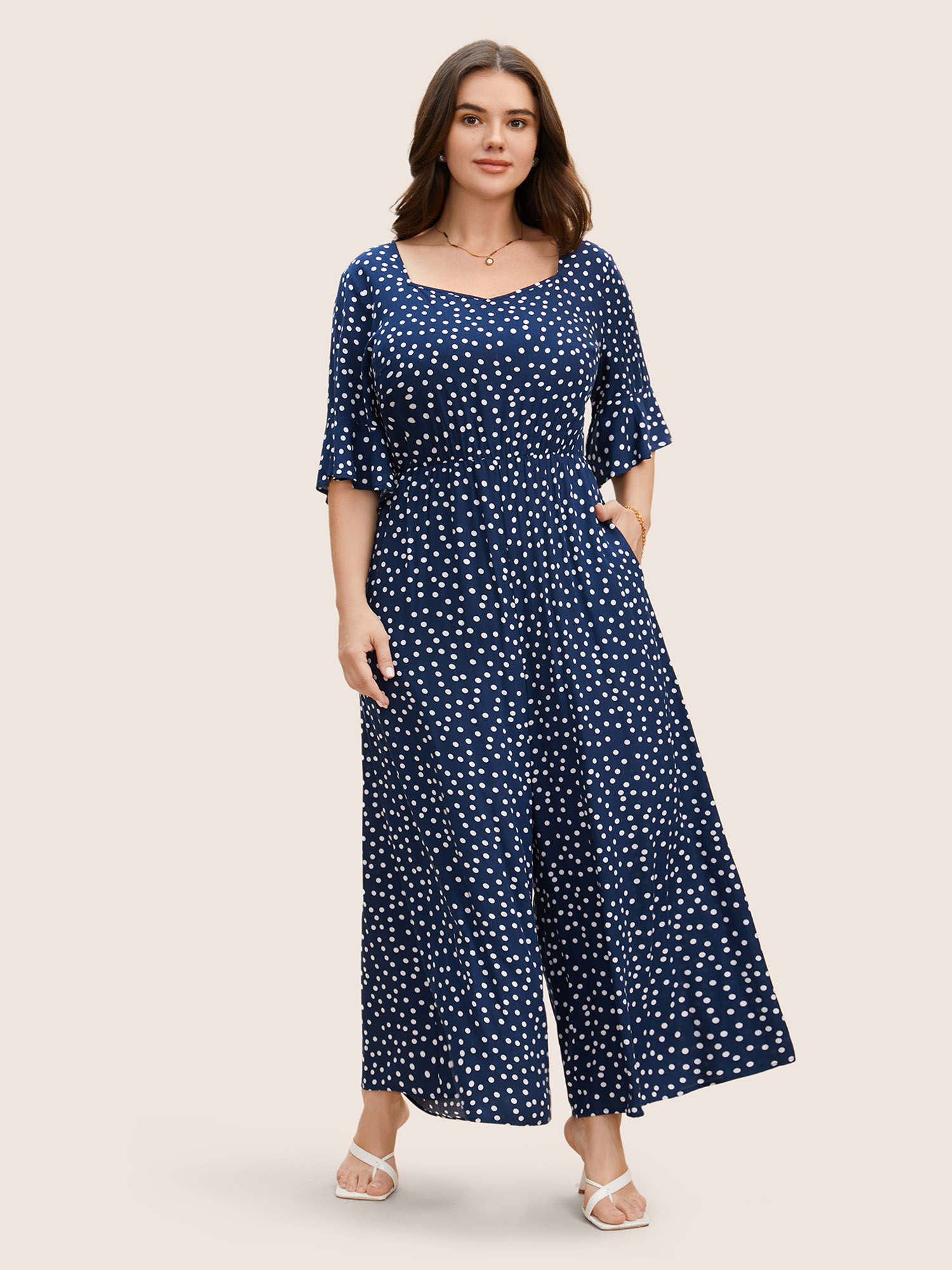 

Plus Size Navy Rayon Heart Neckline Polka Dot Ruffles Jumpsuit Women Elegant Elbow-length sleeve Heart neckline Everyday Loose Jumpsuits BloomChic