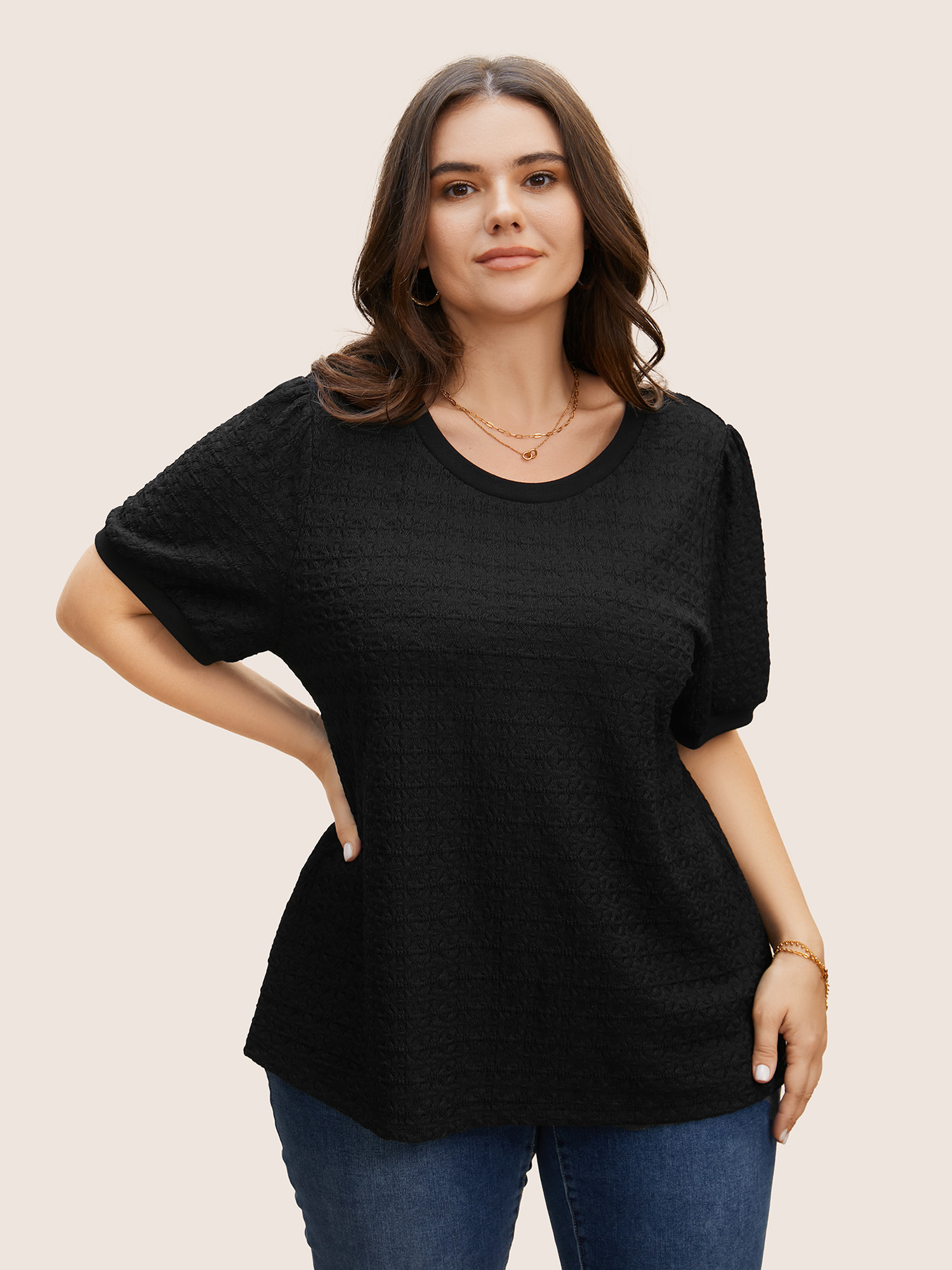 

Plus Size Solid Textured Round Neck T-shirt Black Women Elegant Texture Round Neck Everyday T-shirts BloomChic