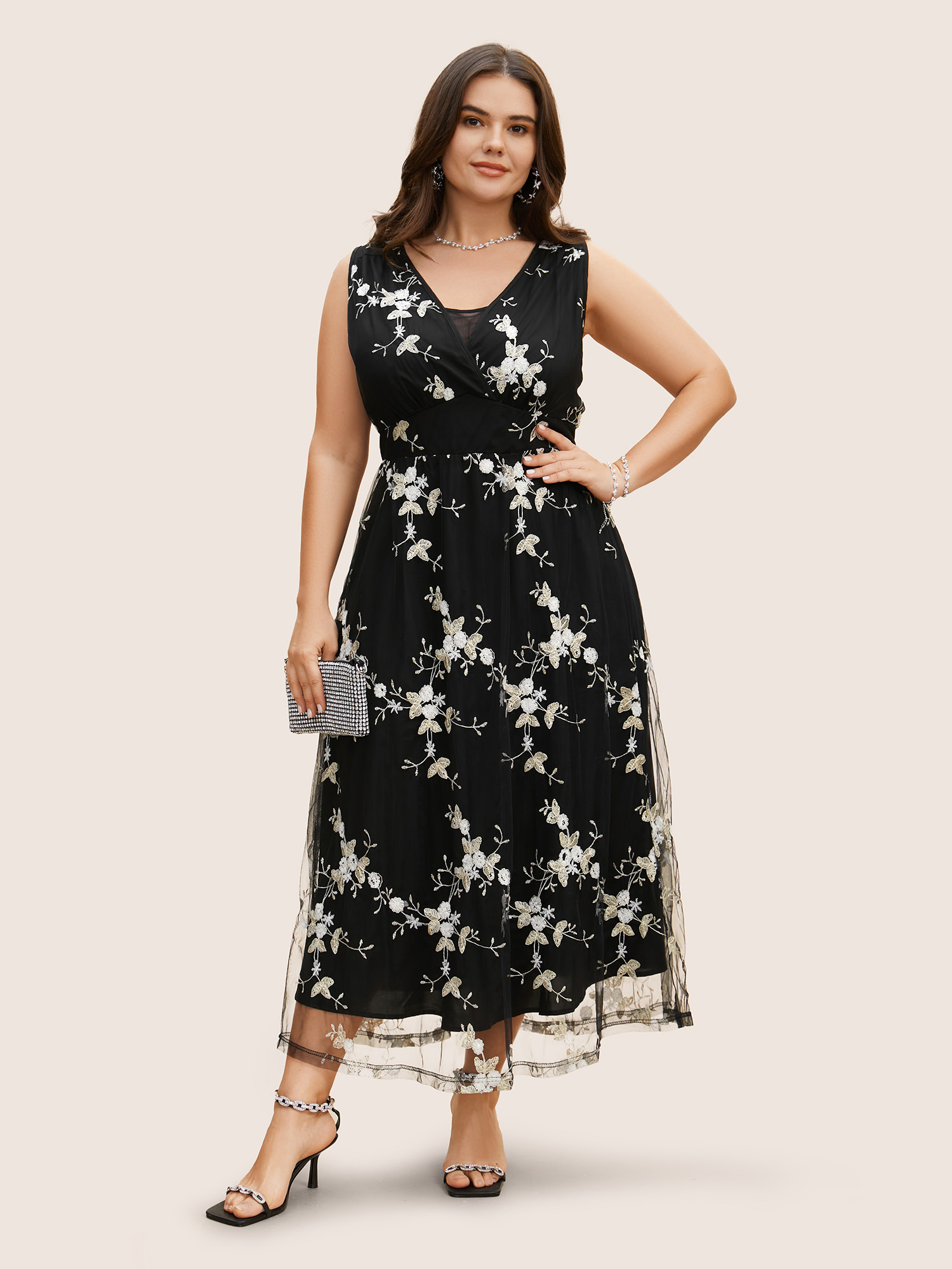 

Plus Size Mesh Floral Embroidered Sleeveless Maxi Dress Black Women Formal Gathered Deep V-neck Sleeveless Curvy BloomChic