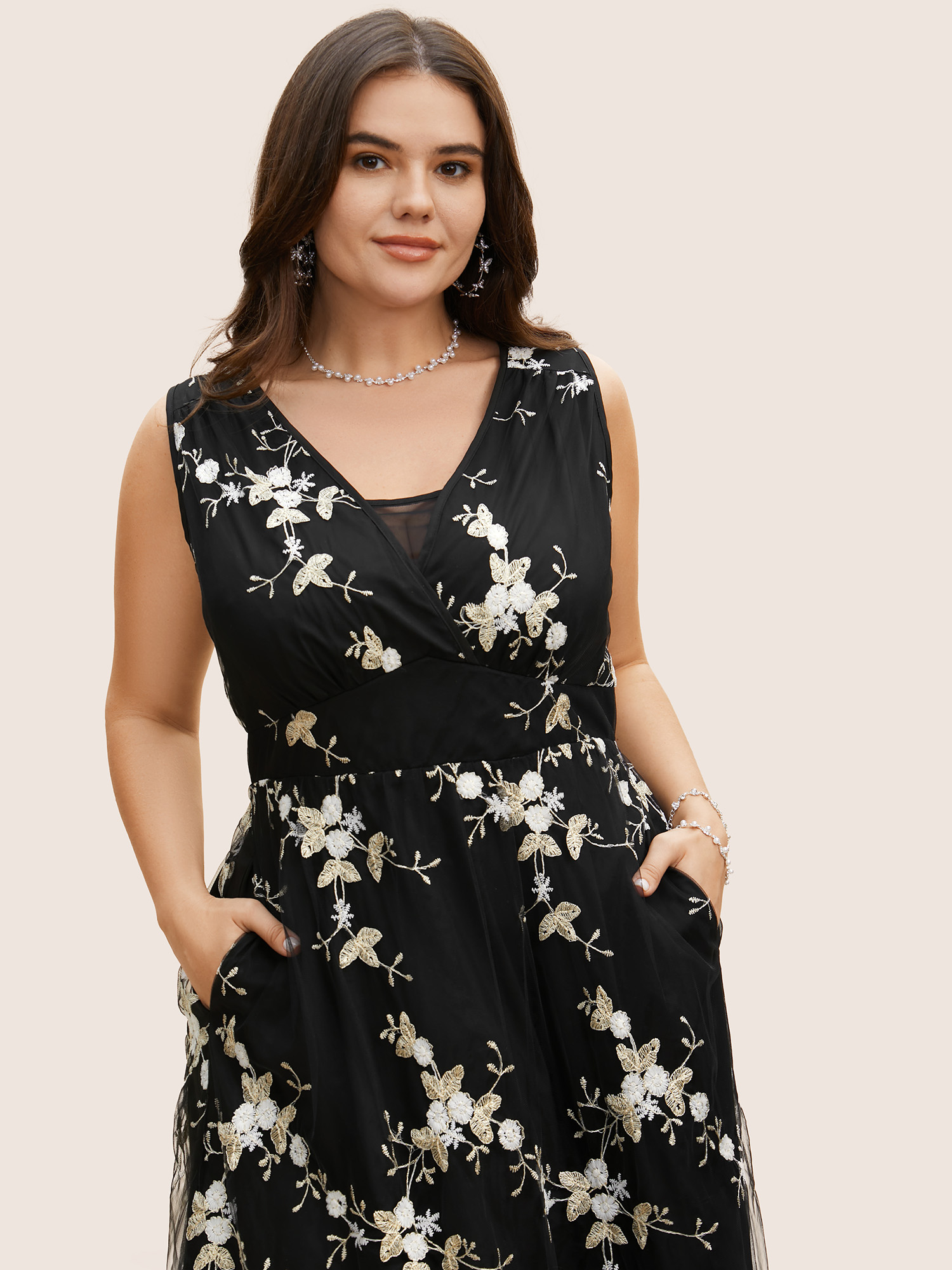 

Plus Size Mesh Floral Embroidered Sleeveless Maxi Dress Black Women Formal Gathered Deep V-neck Sleeveless Curvy BloomChic