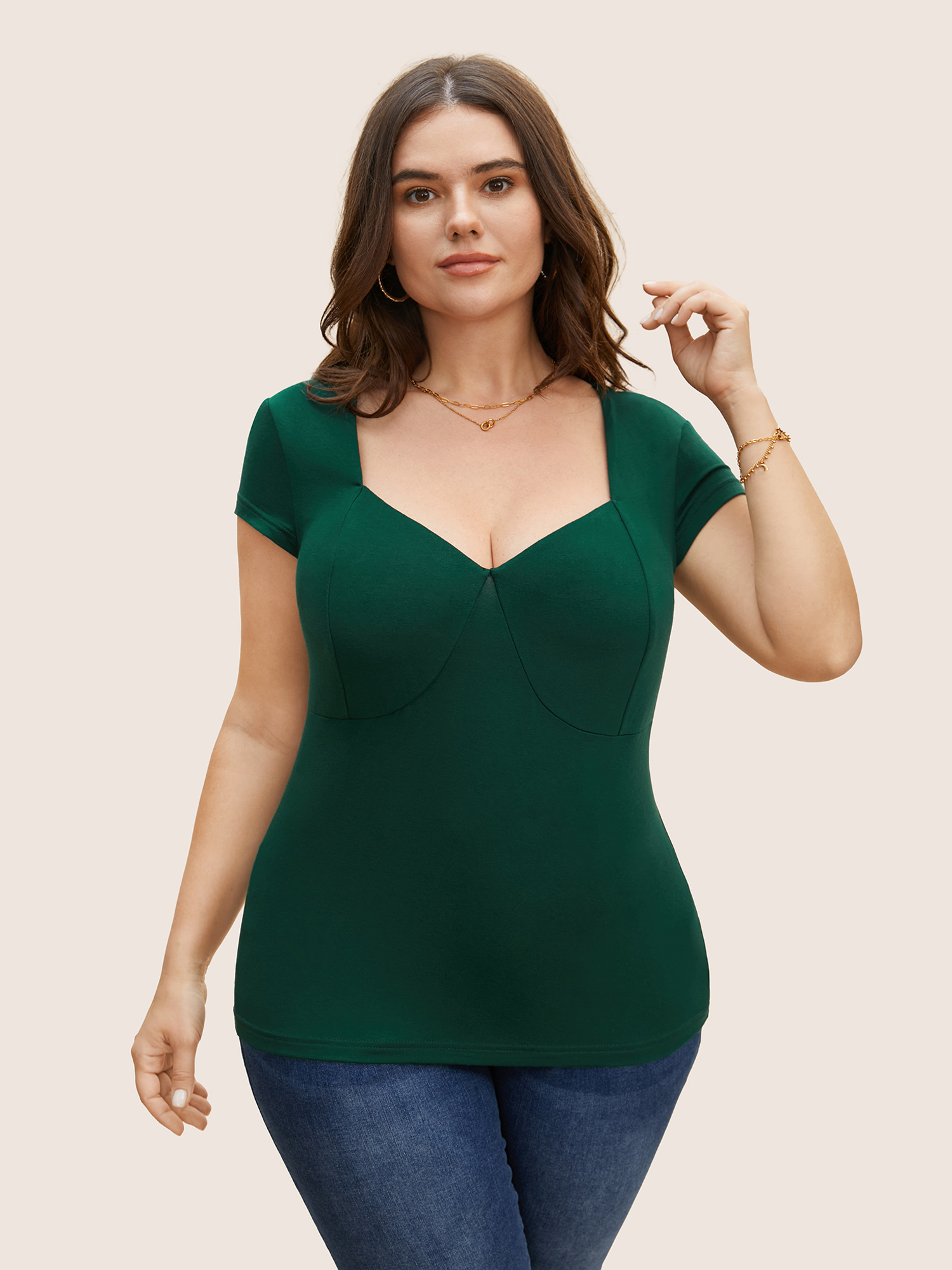 

Plus Size High Stretch Deep V Neck Cap Sleeve T-shirt DarkGreen Women Elegant Patchwork Deep V-neck Bodycon Everyday T-shirts BloomChic