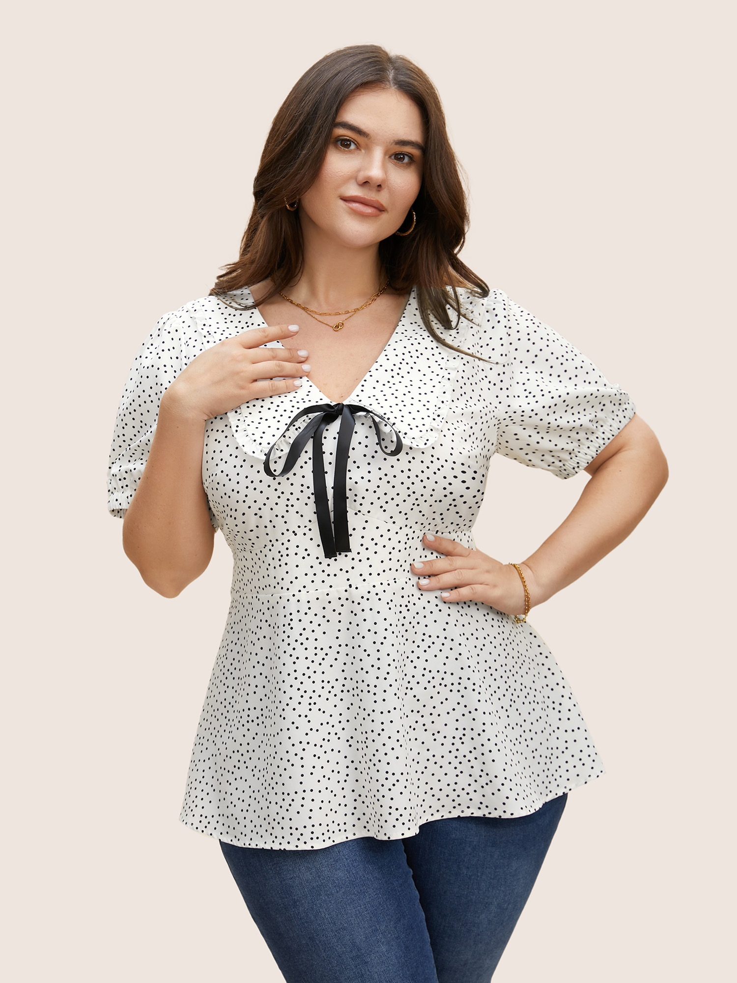 

Plus Size Originalwhite Lapel Collar Polka Dot Tie Knot Lantern Sleeve Blouse Women Elegant Short sleeve Lapel Collar Everyday Blouses BloomChic