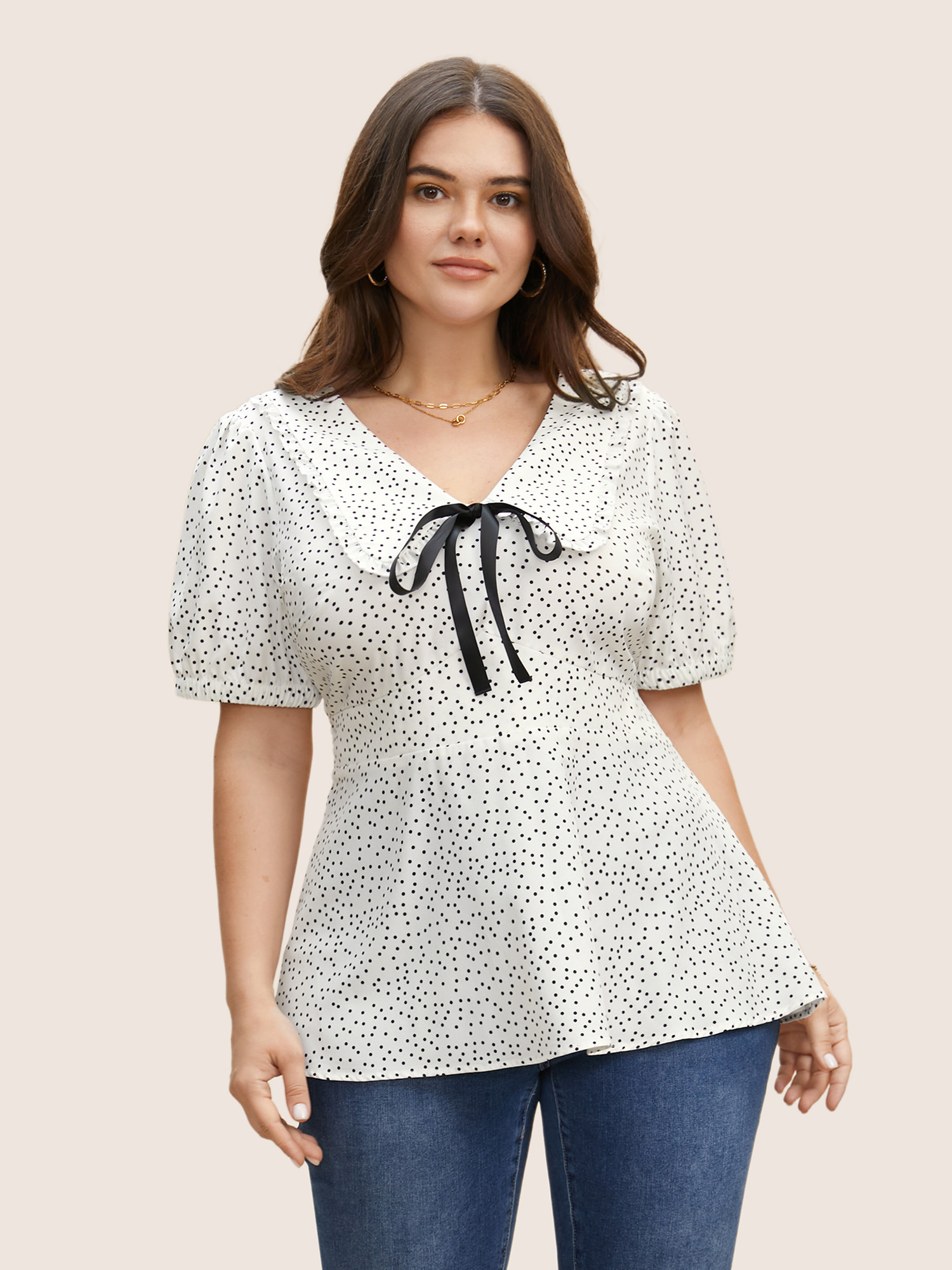 

Plus Size Originalwhite Lapel Collar Polka Dot Tie Knot Lantern Sleeve Blouse Women Elegant Short sleeve Lapel Collar Everyday Blouses BloomChic