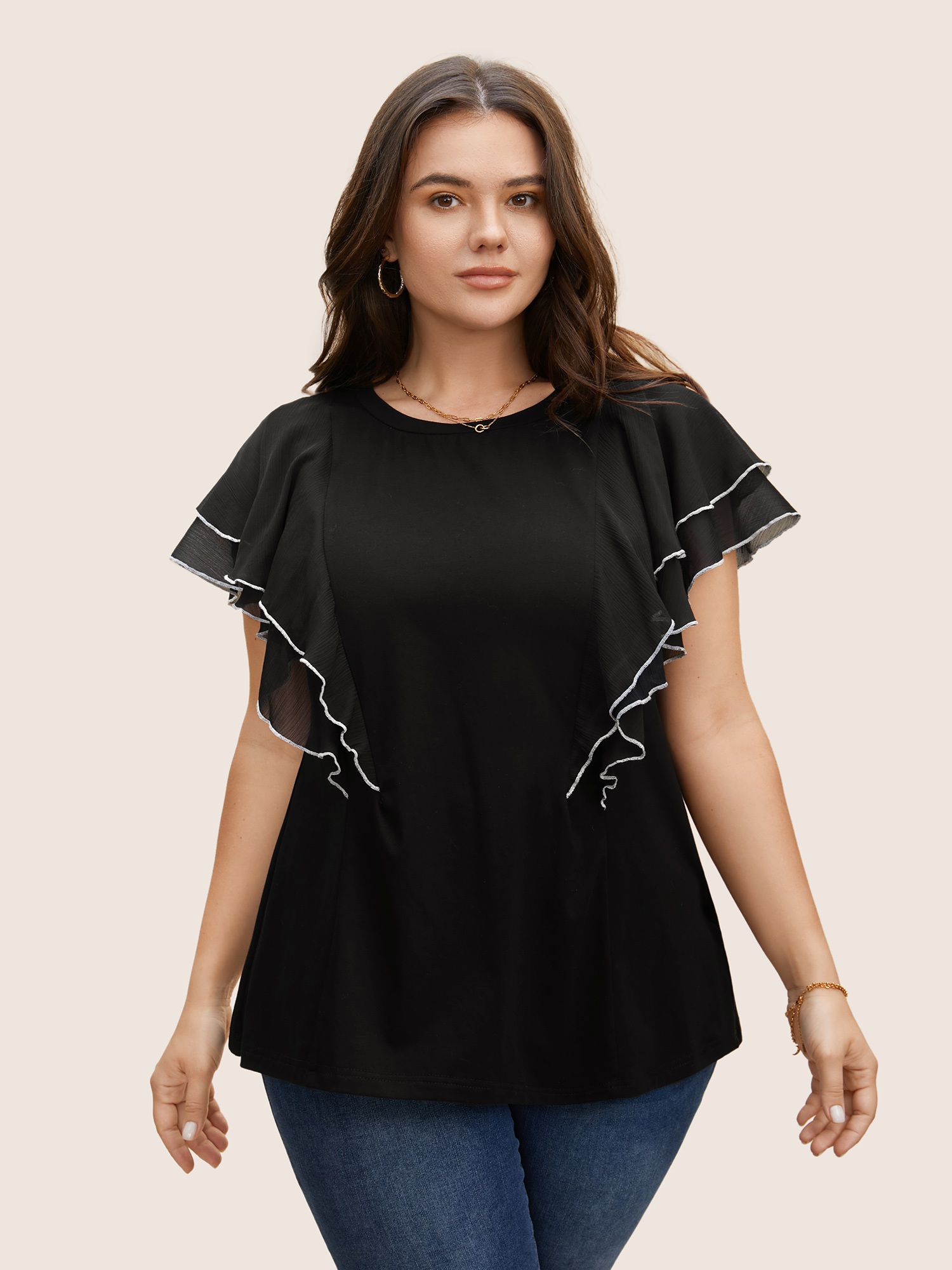 

Crew Neck Contrast Trim Tiered Ruffles T-shirt, Black