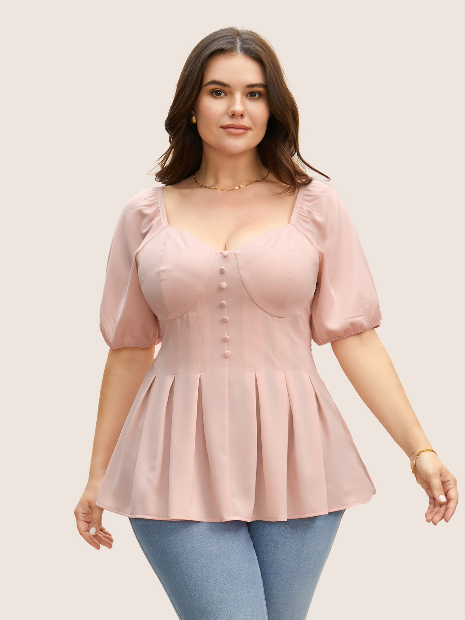 

Plus Size MistyRose Solid Heart Neckline Pleated Button Detail Blouse Women Elegant Short sleeve Heart neckline Everyday Blouses BloomChic