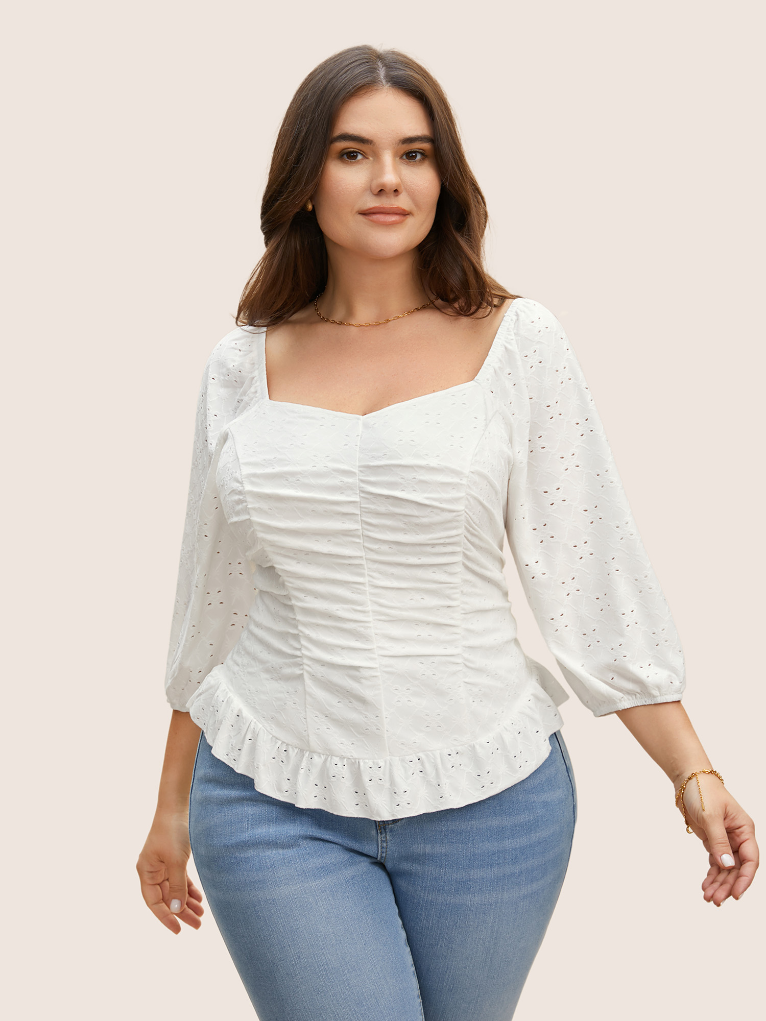 

Plus Size Ivory Broderie Anglaise Ruched Lantern Sleeve Blouse Women Elegant Elbow-length sleeve Heart neckline Everyday Blouses BloomChic