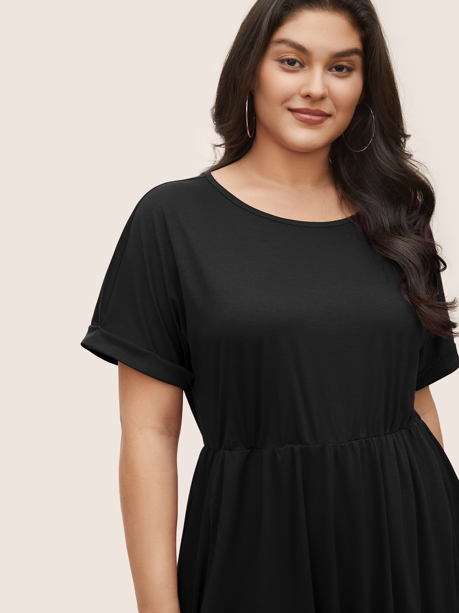 

Plus Size Supersoft Essentials Solid Pocket Cuffed Sleeve Dress Black Women Non Round Neck Short sleeve Curvy Midi Dress BloomChic