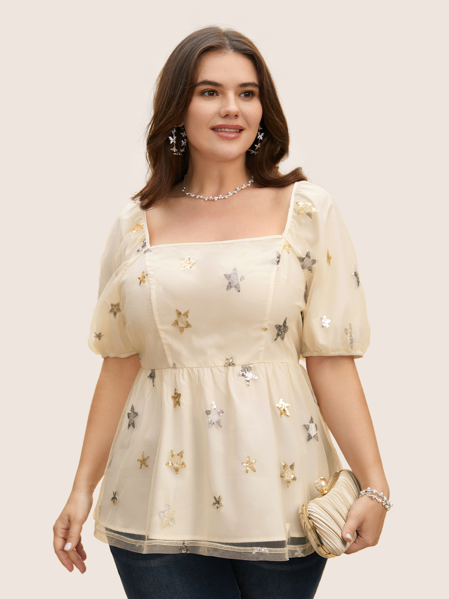 

Plus Size Beige Square Neck Star Embroidered Sequin Mesh Blouse Women Formal Short sleeve Square Neck Party Blouses BloomChic