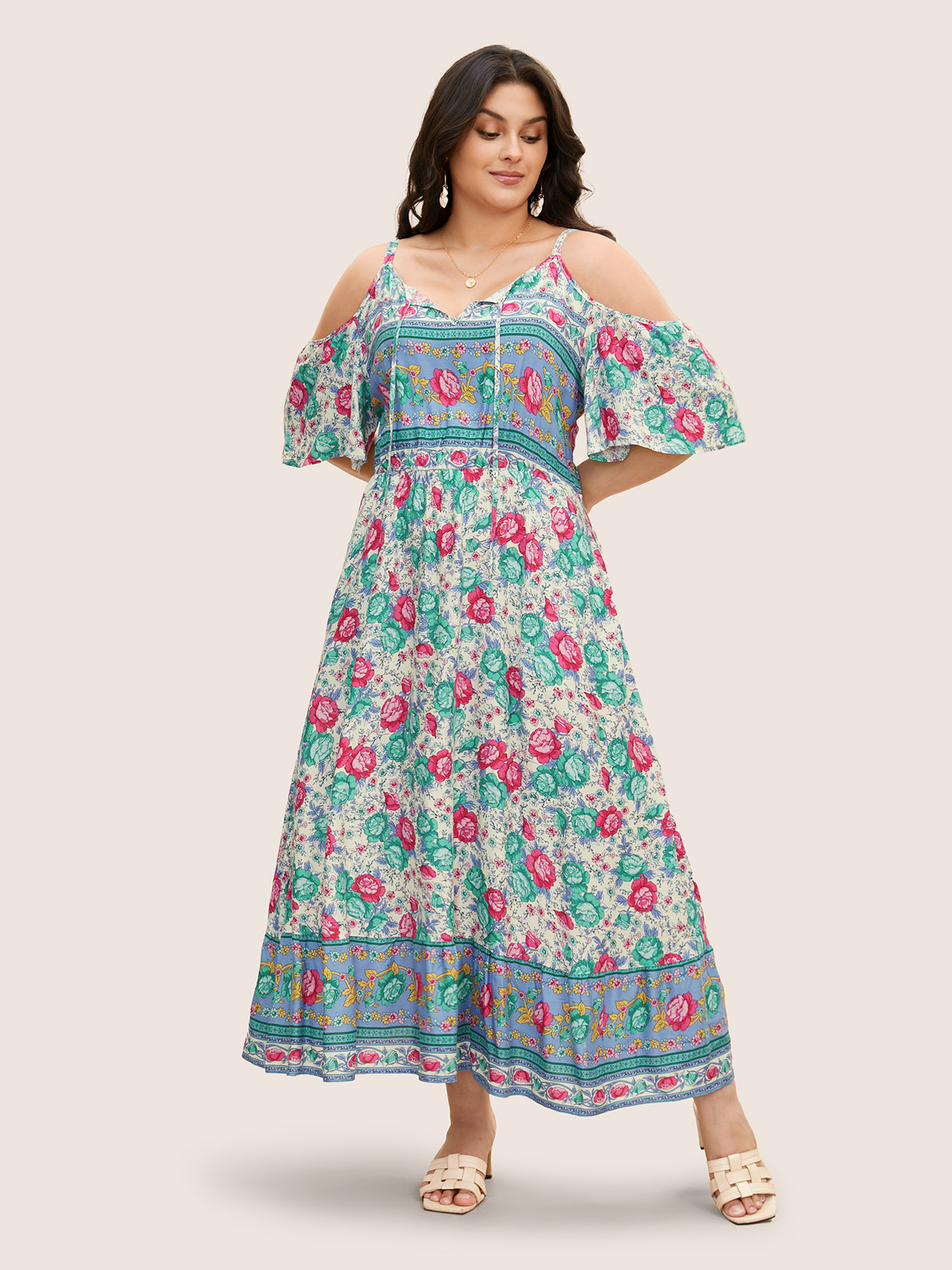 Plus Size Floral Print Pocket Keyhole Ruffles Cold Shoulder Maxi Dress Bluepurple Women Non Non Half Sleeve Curvy Long Dress BloomChic 30/6X 