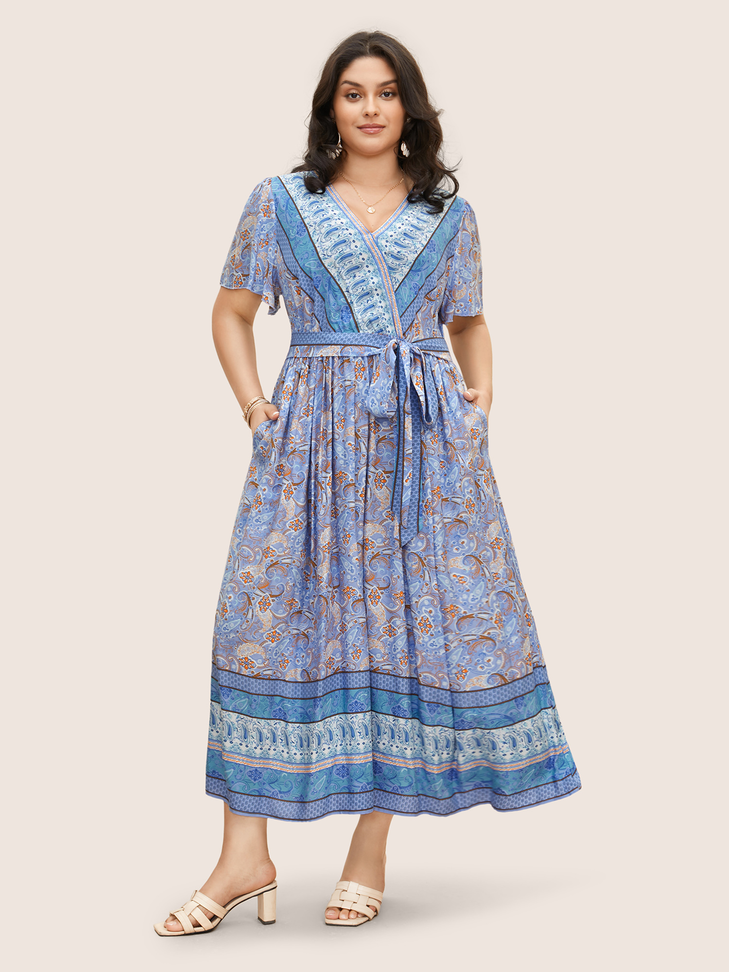 

Plus Size Bandana Surplice Neck Pocket Belted Flutter Hem Maxi Dress LightBlue Women Non V-neck Short sleeve Curvy Long Dress BloomChic