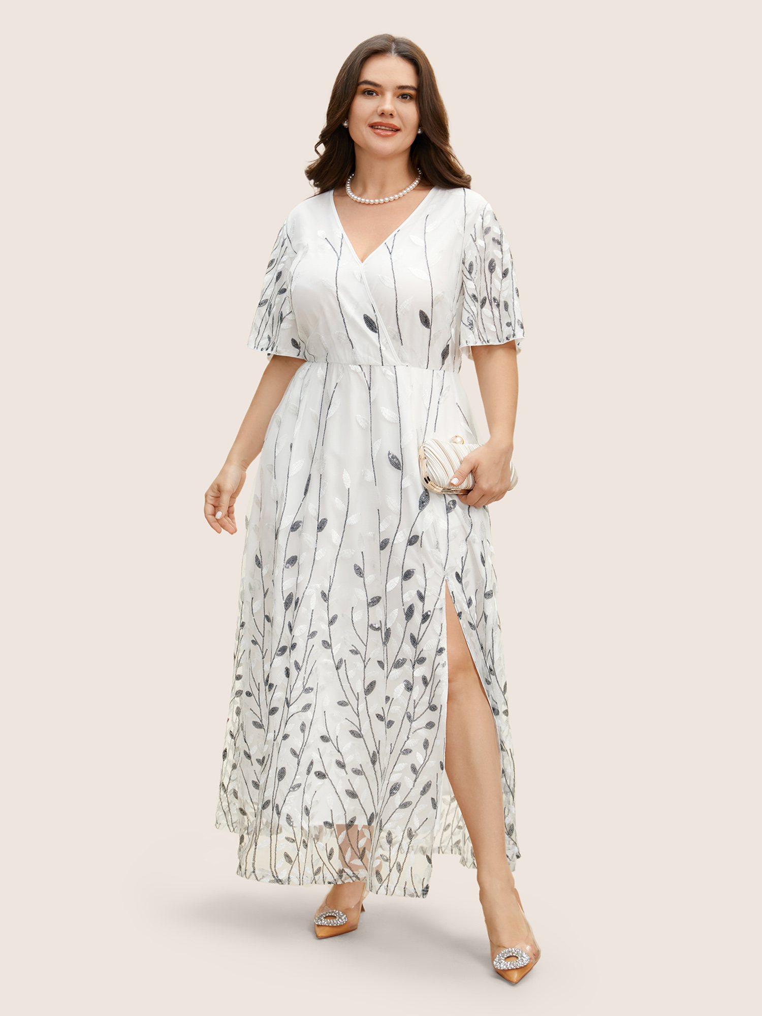 

Plus Size Sequin Mesh Embroidered Wrap Split Hem Dress WhiteSmoke Women Texture Overlap Collar Short sleeve Curvy BloomChic