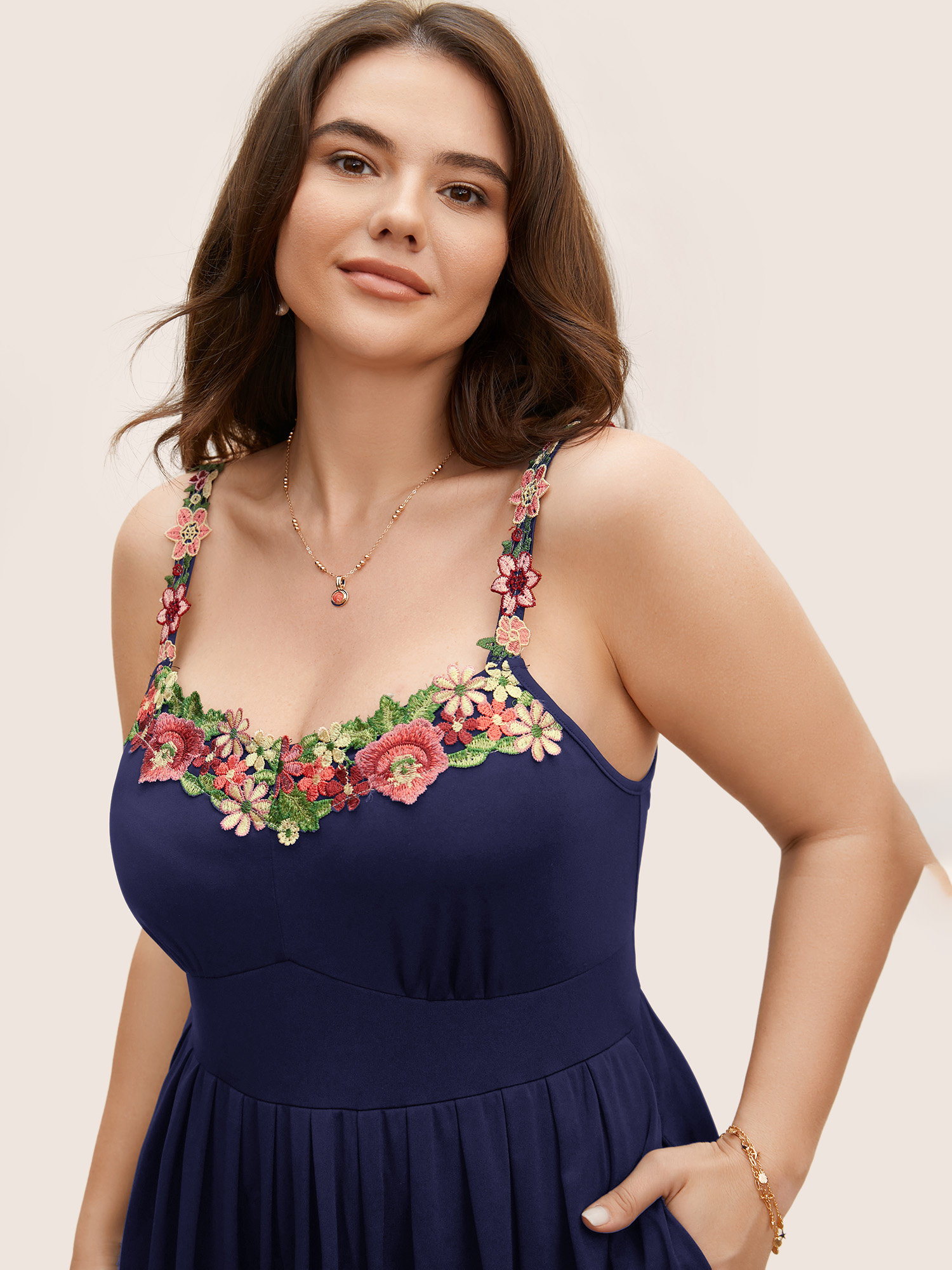 

Plus Size Floral Embroidered Pocket Midi Cami Dress Navy Women Embroidered Heart neckline Sleeveless Curvy BloomChic