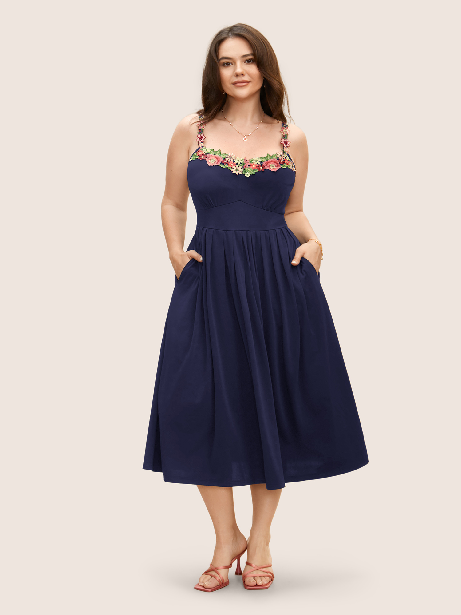 

Plus Size Floral Embroidered Pocket Midi Cami Dress Navy Women Embroidered Heart neckline Sleeveless Curvy BloomChic