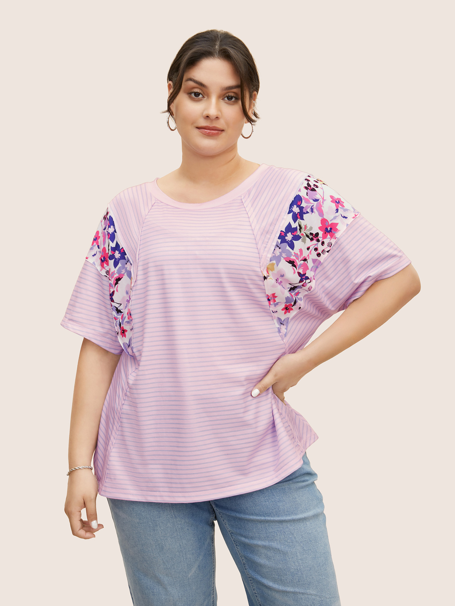 

Plus Size Crew Neck Striped Patchwork Floral Print T-shirt Lilac Women Casual Contrast Natural Flowers Round Neck Everyday T-shirts BloomChic