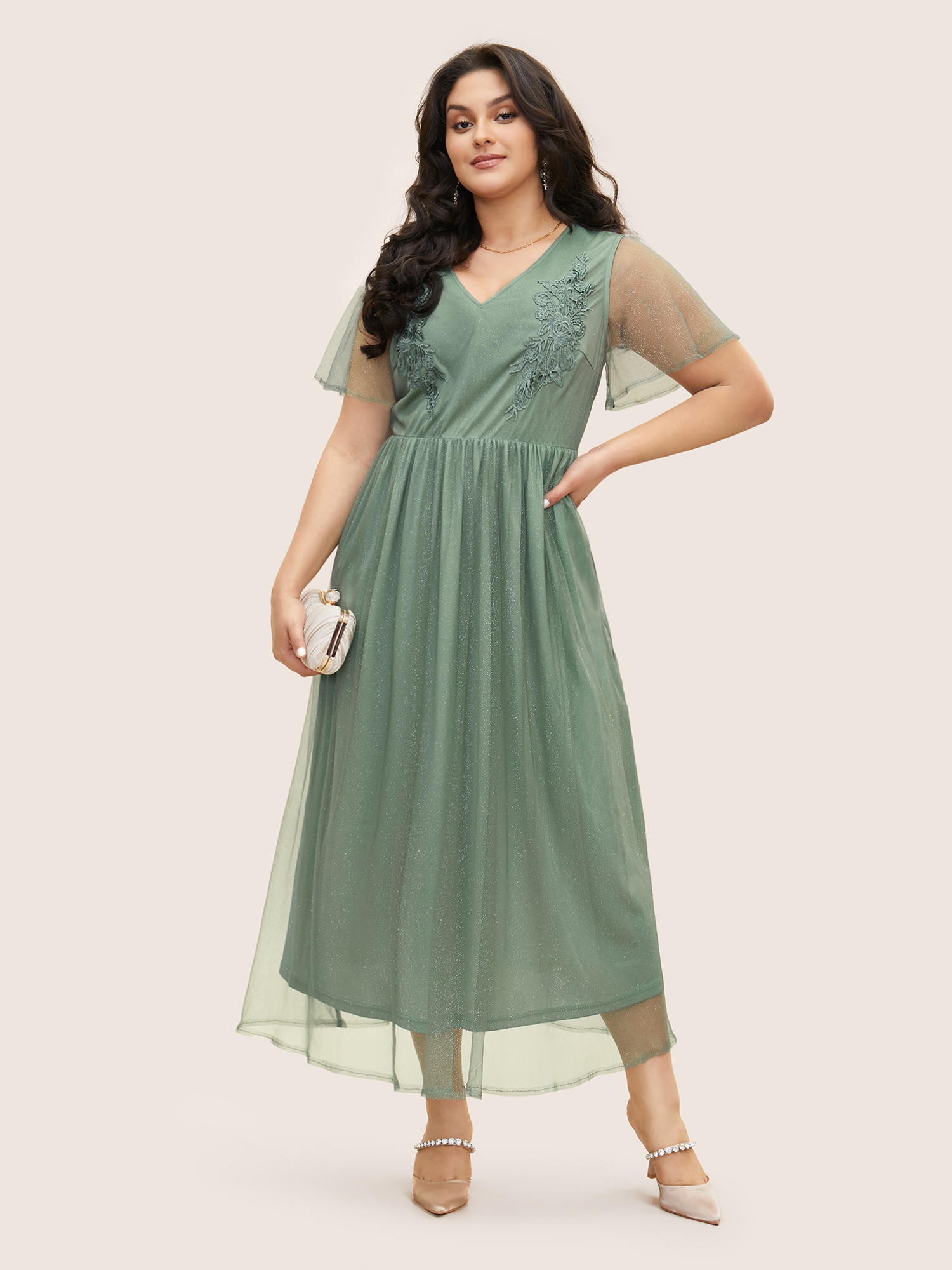 

Plus Size Floral Embroidered Mesh Ruffle Sleeve Dress Emerald Women Formal Woven ribbon&lace trim V-neck Short sleeve Curvy BloomChic